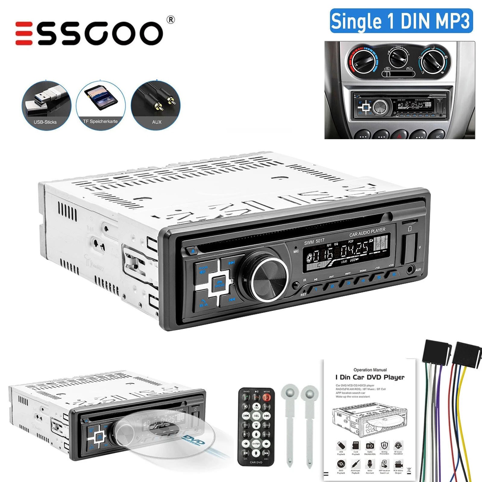 Single 1 DIN Car Stereo Bluetooth CD DVD Player FM AM RDS Radio MP3 USB AUX