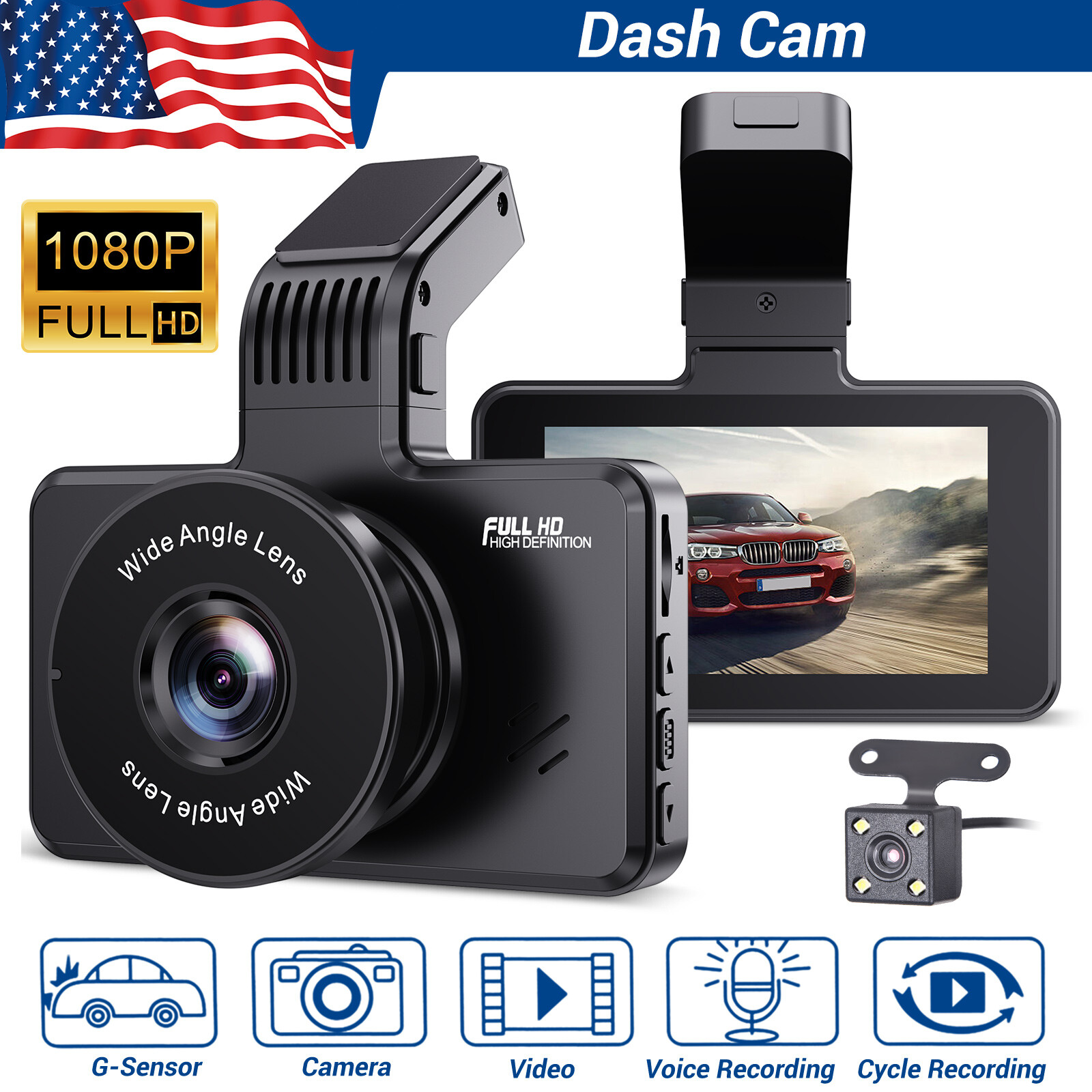 XGODY 3″ Dual Dash Cam Car DVR Dashboard Security G-Sensor Front and Rear Camera