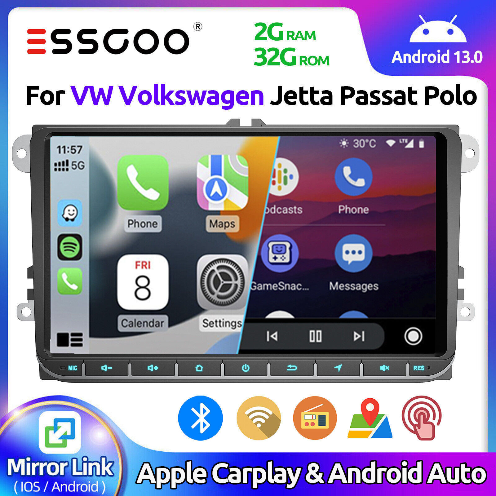 9″ Android 13 Apple Carplay Car Stereo Radio For VW Volkswagen Passat Golf Jetta