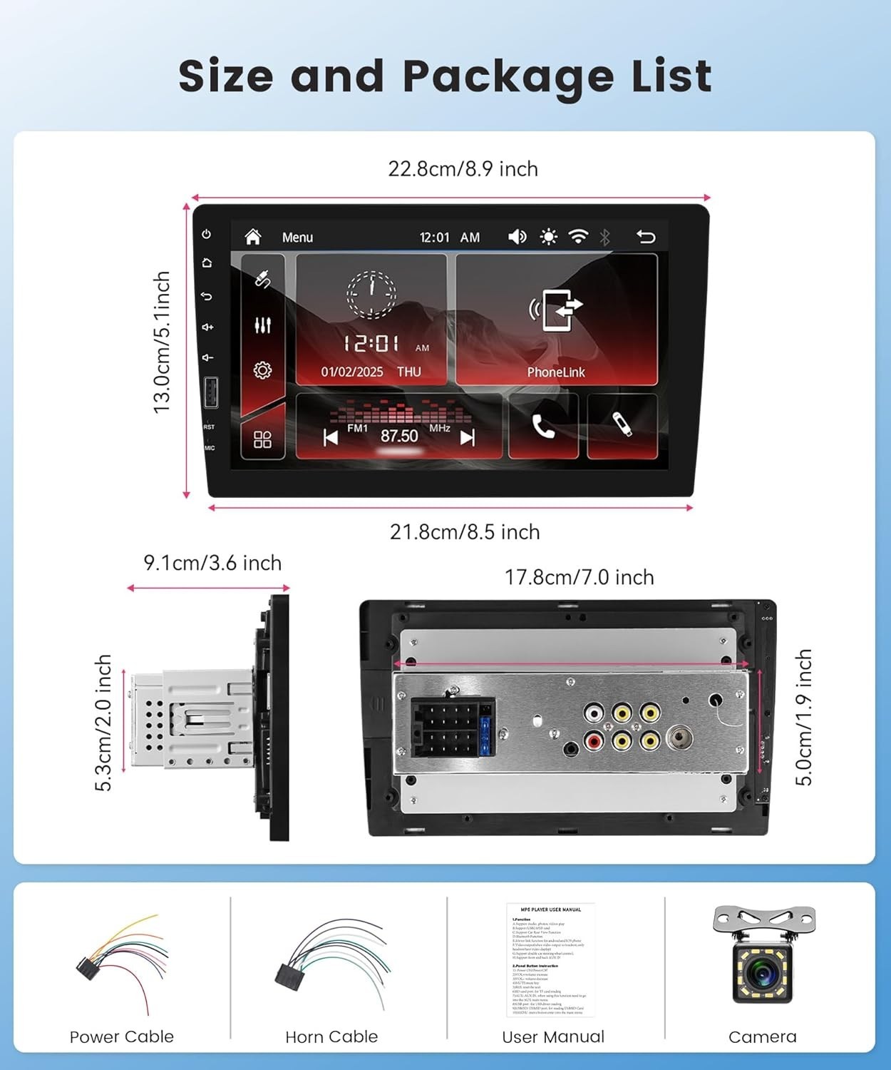 Single DIN Wireless CarPlay & Android Auto IPS Touchscreen Stereo, 9-Inch Blu…
