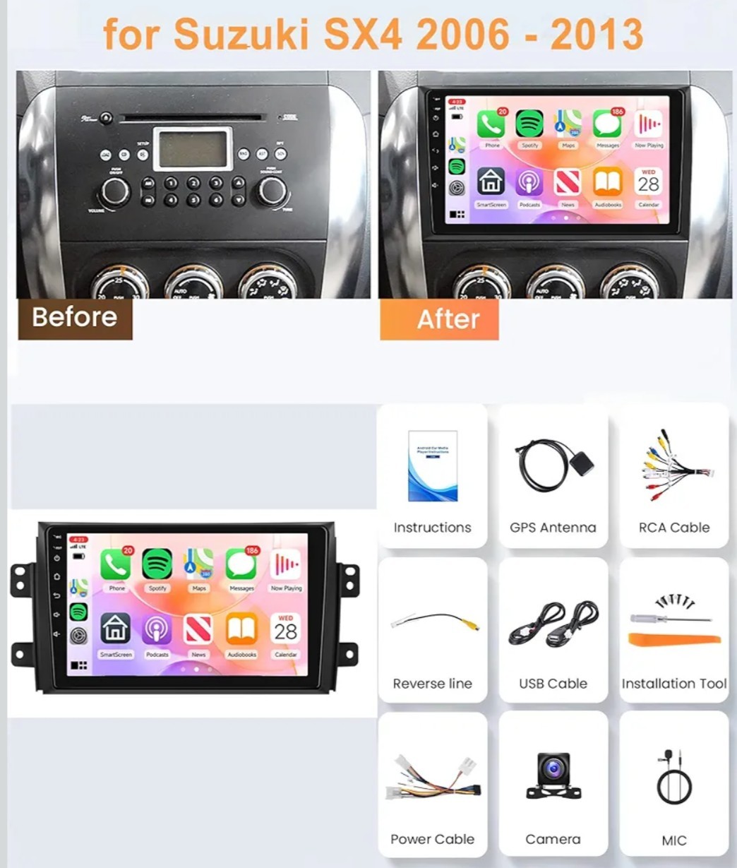 Suzuki SX4 2006-2013 Car Radio Stereo Carplay Android13 GPSWiFi, 9″BT,BackCamera