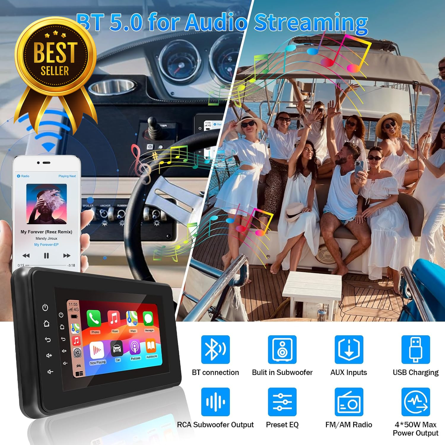 8in Marine Stereo Wireless CarPlay Android Auto Waterproof IPX6