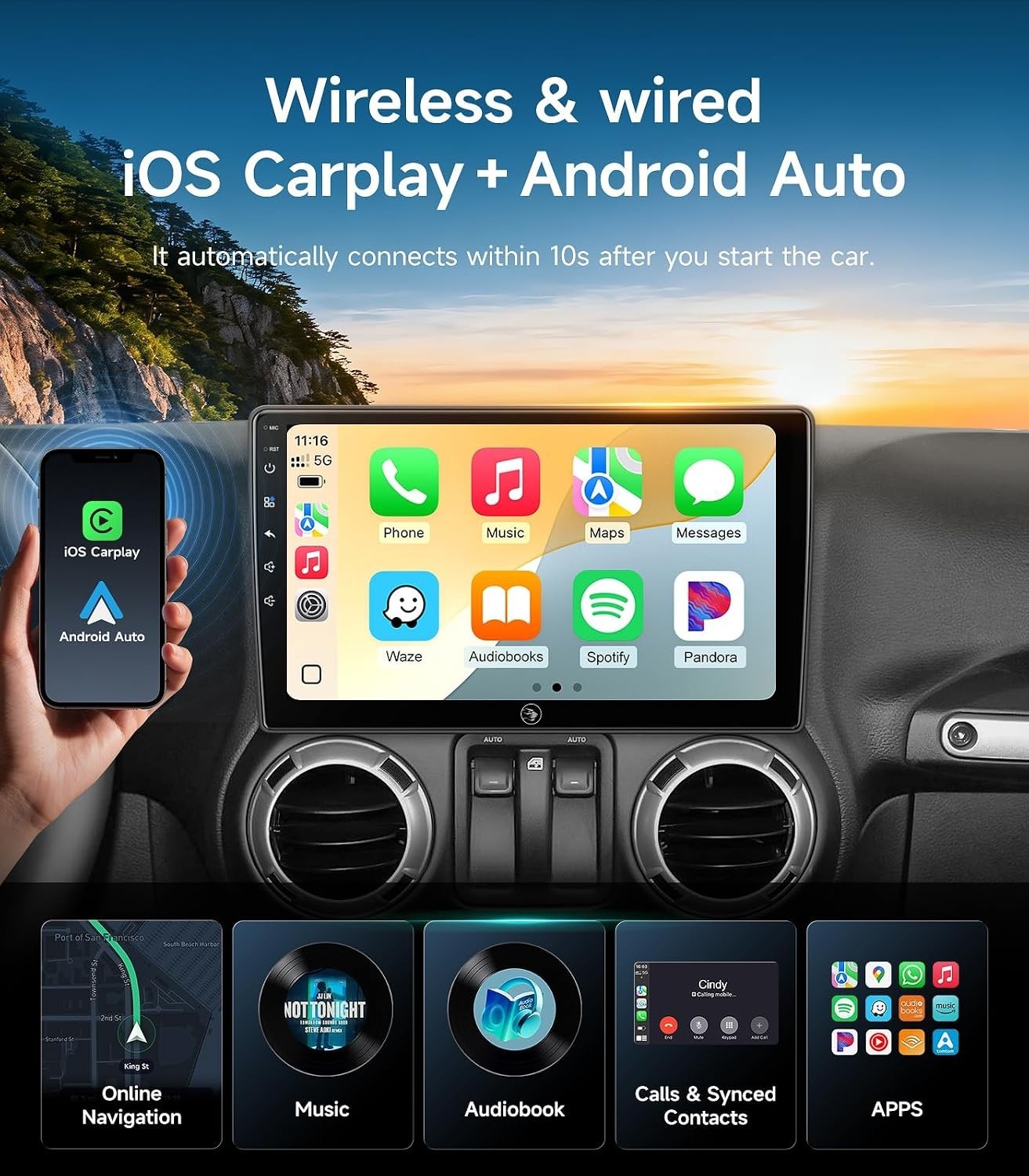 10.2″ Linux Android Auto Carplay for 2007–2018 Jeep Wrangler Dodge RAM Chrysler