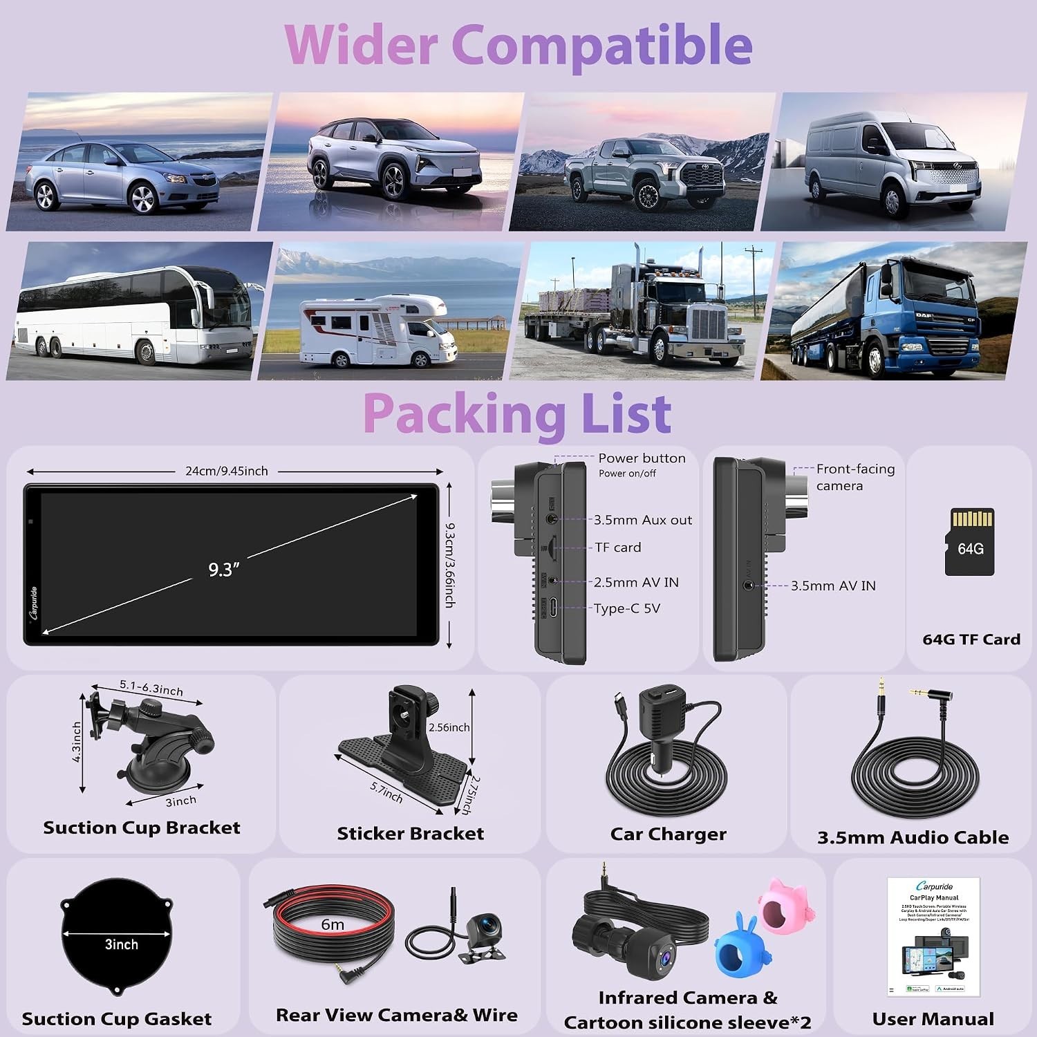 CarpurideW903S3 9.33in Wireless Carplay Android Auto Screen 4K