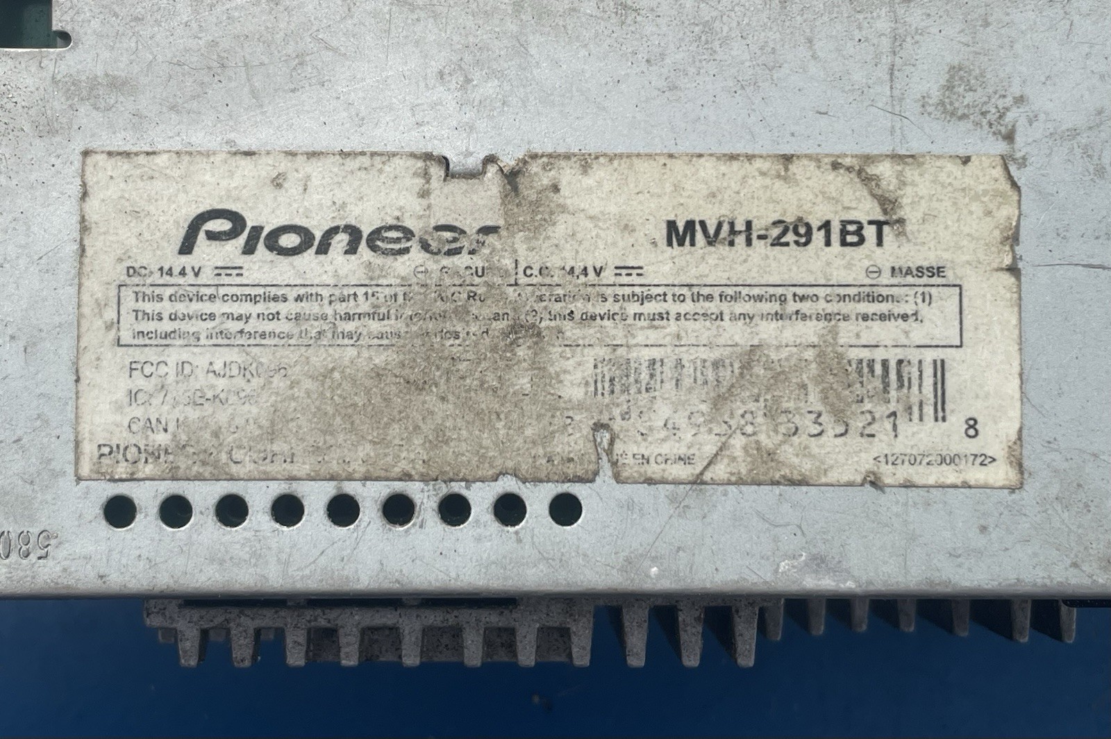 Pioneer MVH-291BT Digital Media Receiver with Built-in Bluetooth -Tested Working