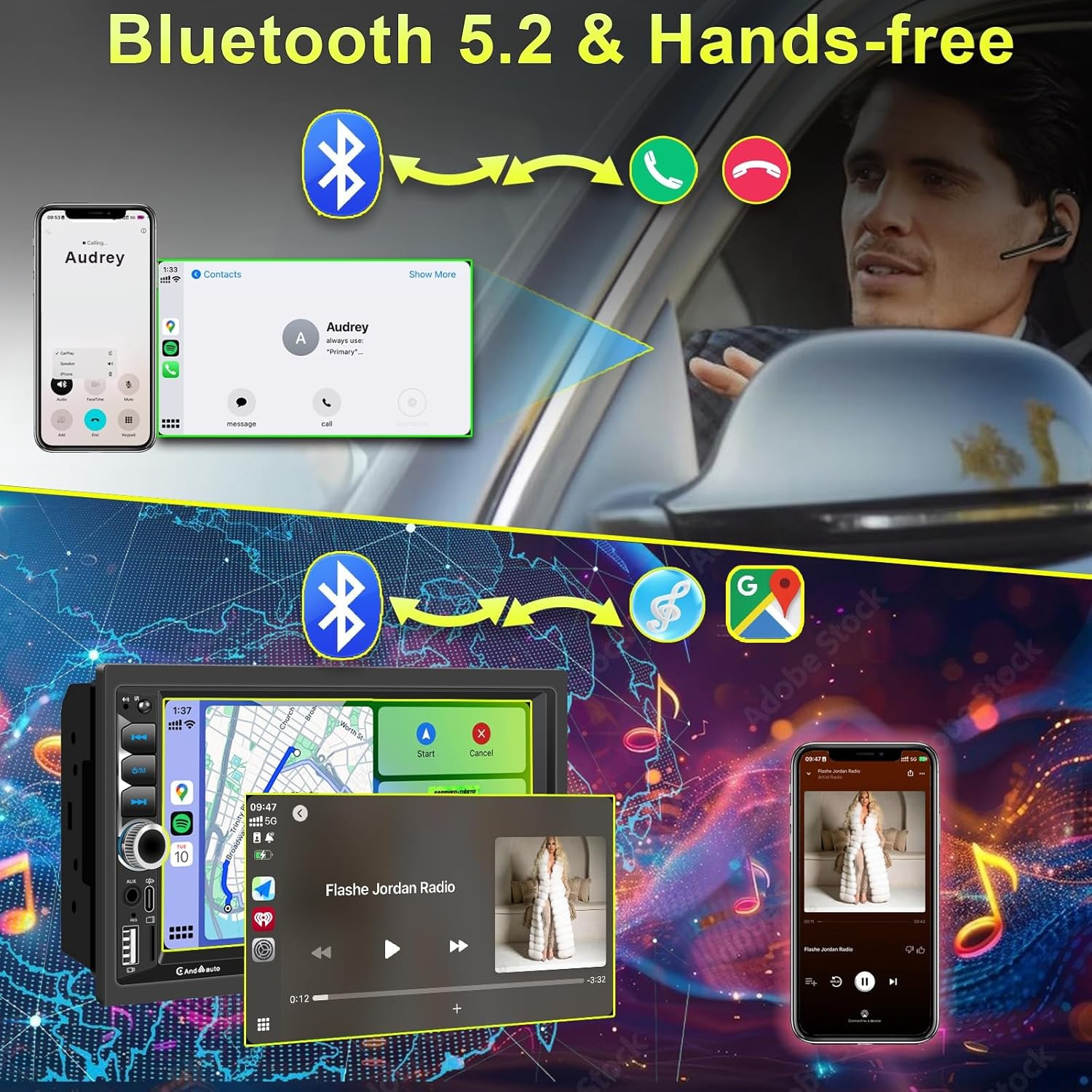 Wireless Apple Carplay Double Din,7″ Car Bluetooth 5.2,FM Car Radio,Ips 1024*600