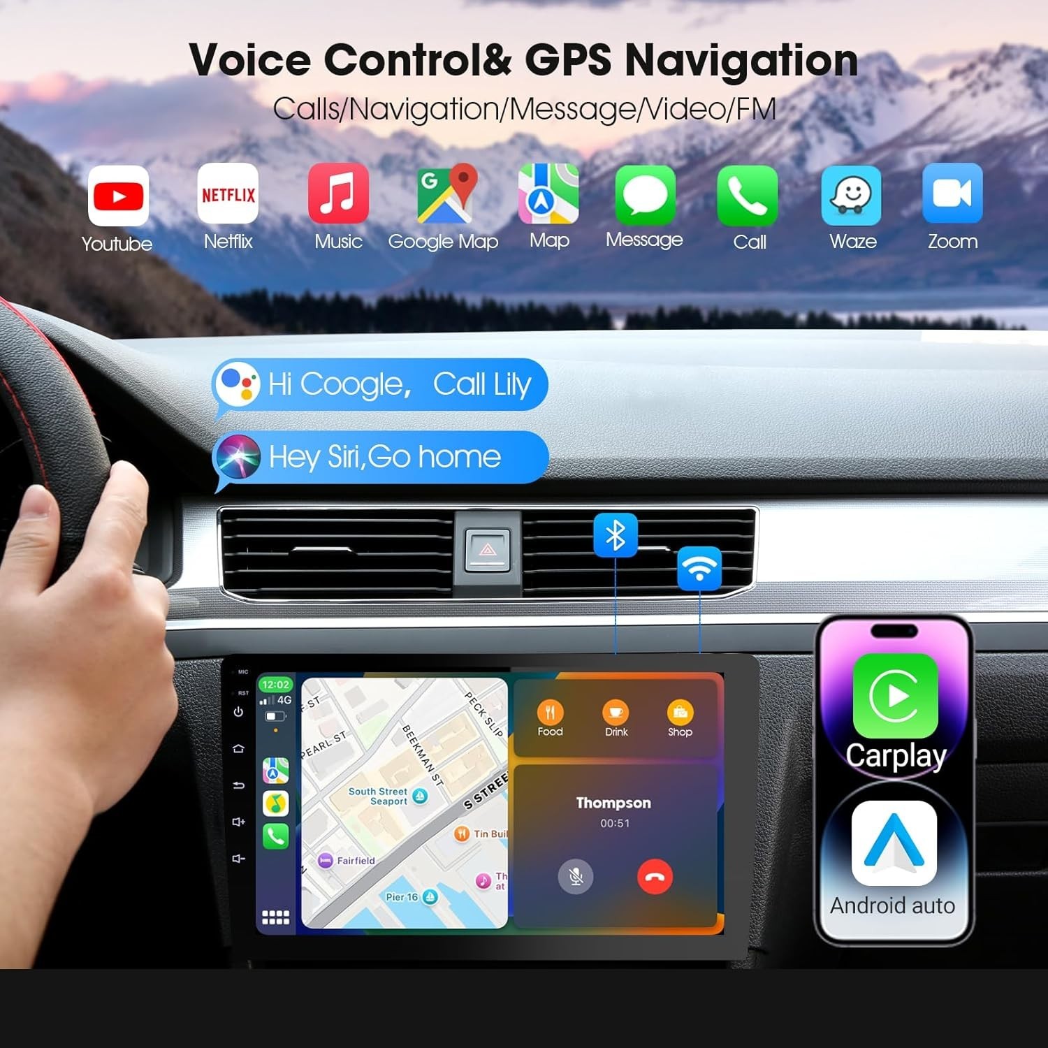 All-in-One 9” Carplay Screen with Wireless Android Auto & Backup Safety Camera