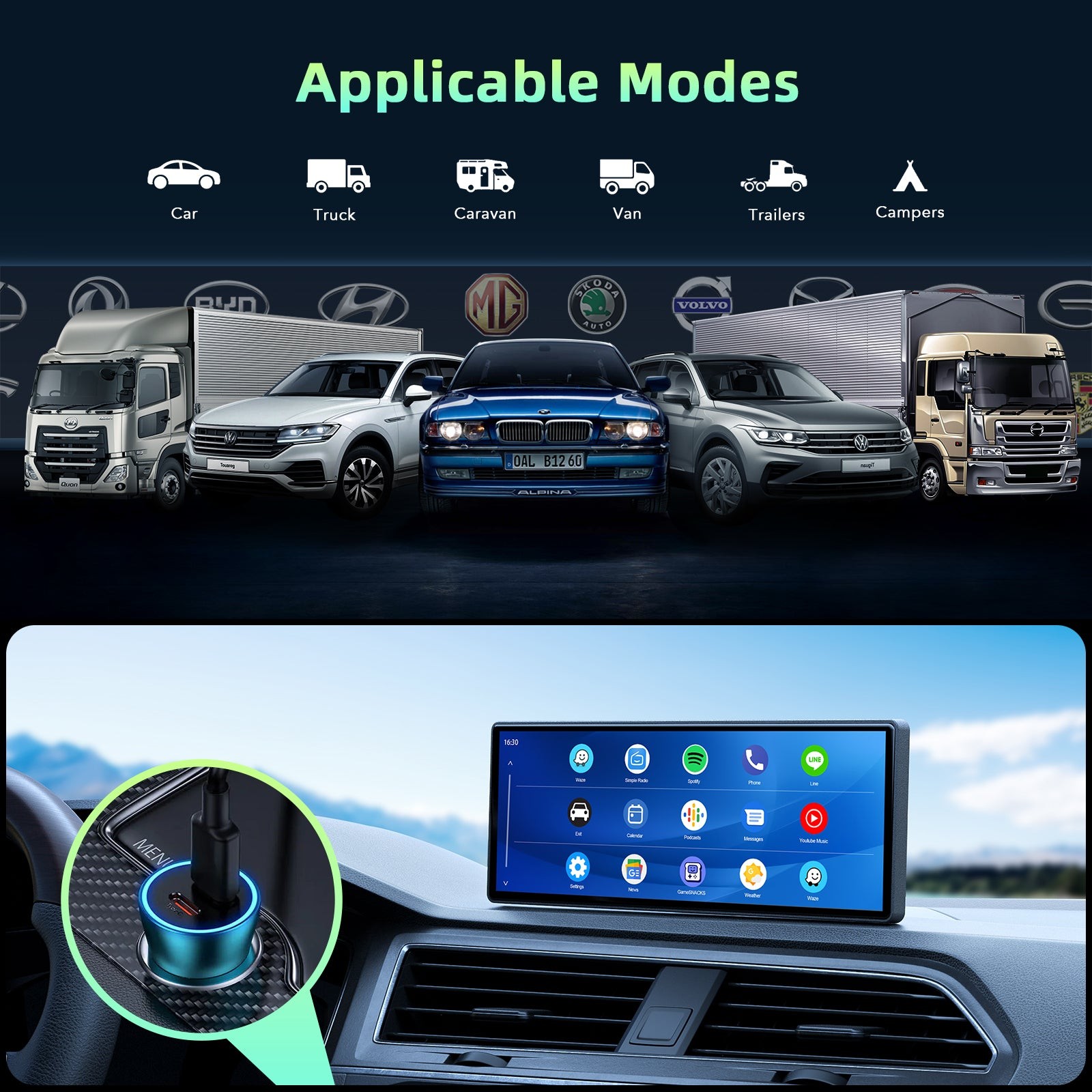 10.26″ Portable Car Stereo Wireless Apple CarPlay Android Auto TouchScreen Radio