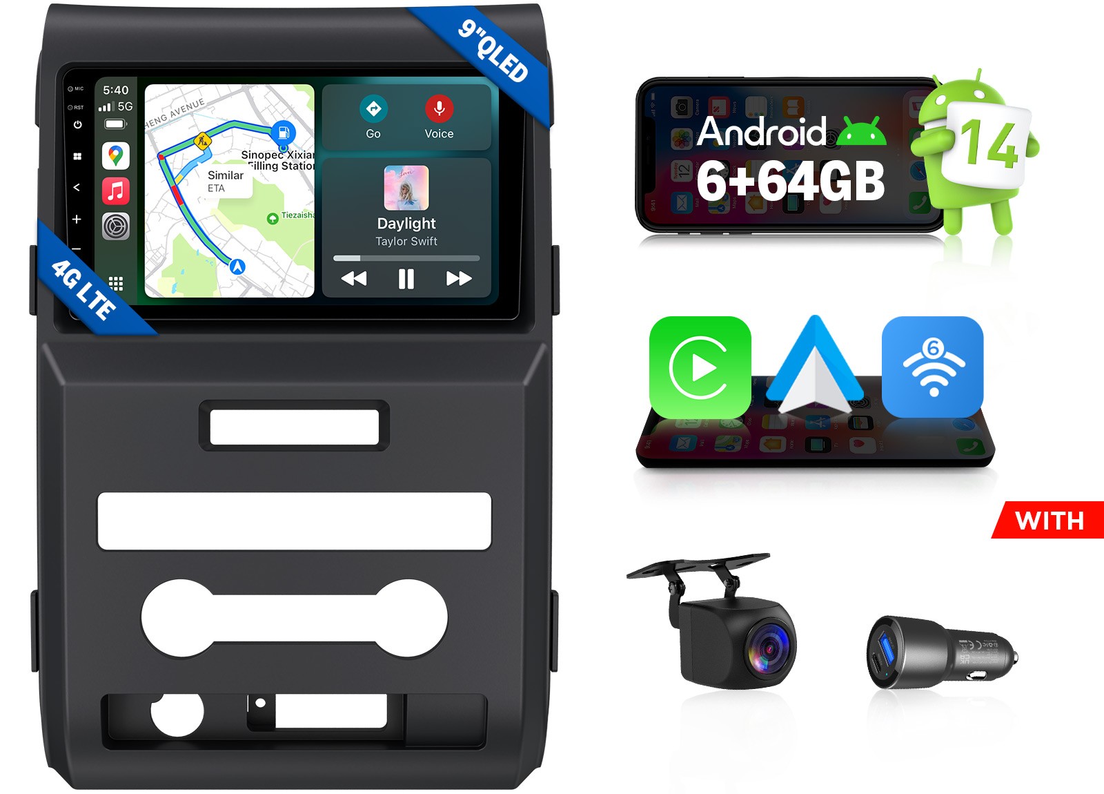 For Ford F150 Android Auto 9″ QLED 6+64 Car Stereo HeadUnit Wireless CarPlay GPS