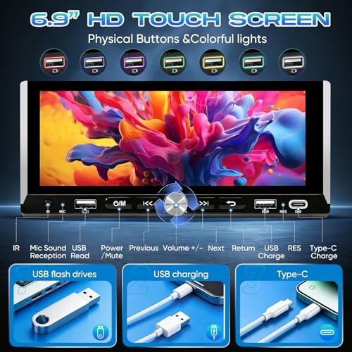 Single Din Car Stereo-Car Radio with Wireless CarPlay & Android Auto,6.9″