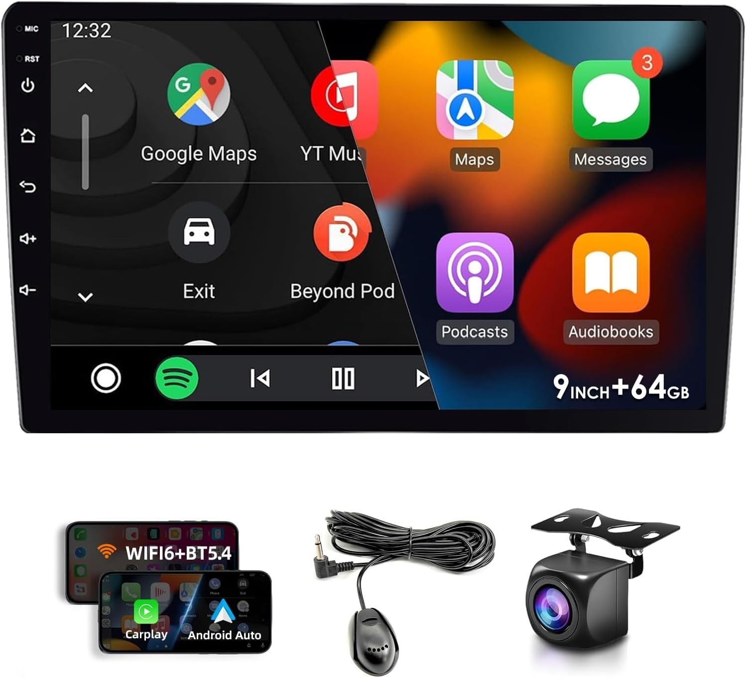 9″ 64GB Wireless CarPlay Android Auto Car Stereo, Double Din HD Touch Screen …