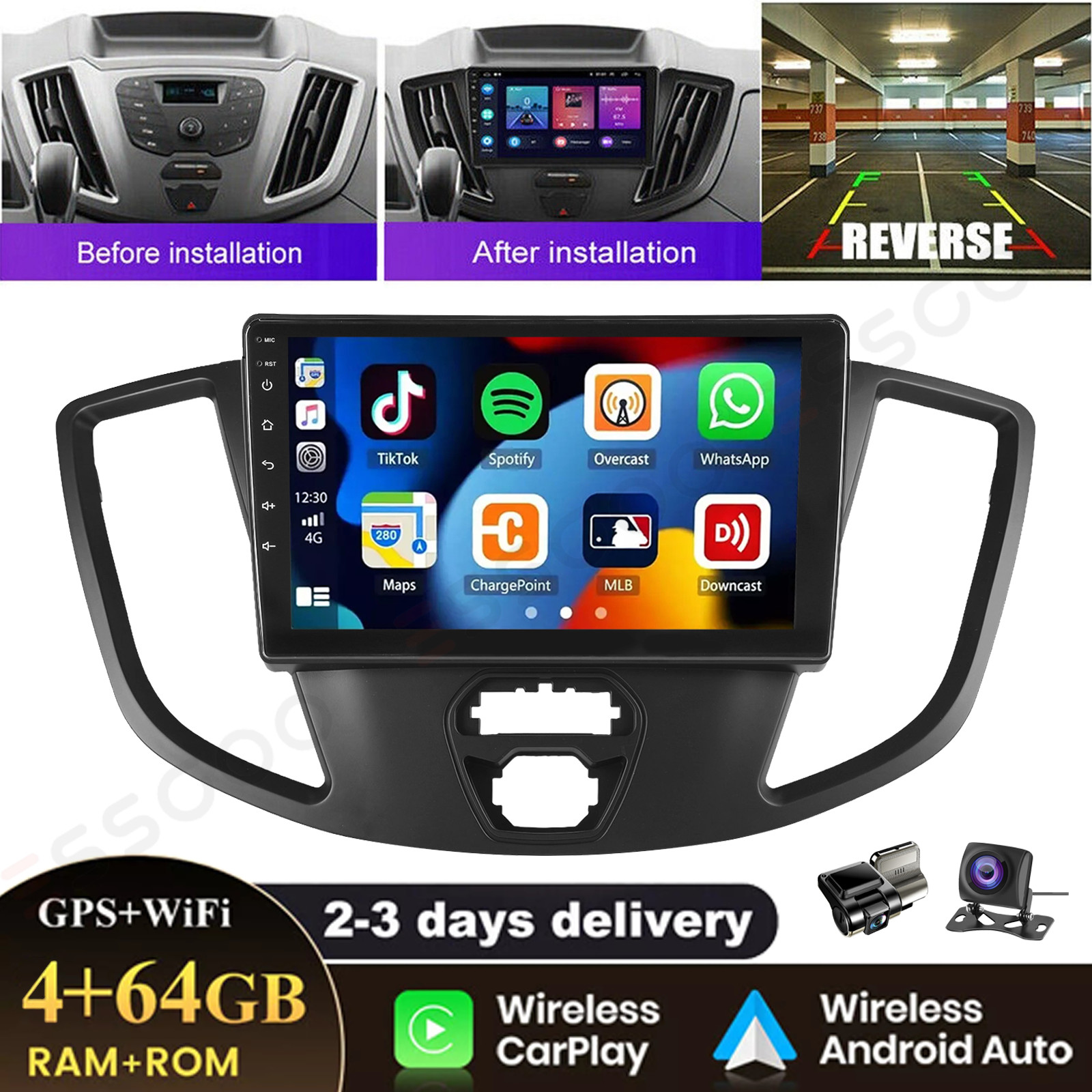 9″ CarPlay 4+64G For 2015-2019 Ford Transit 150/250/350 Car Stereo DVR&AHD BT FM