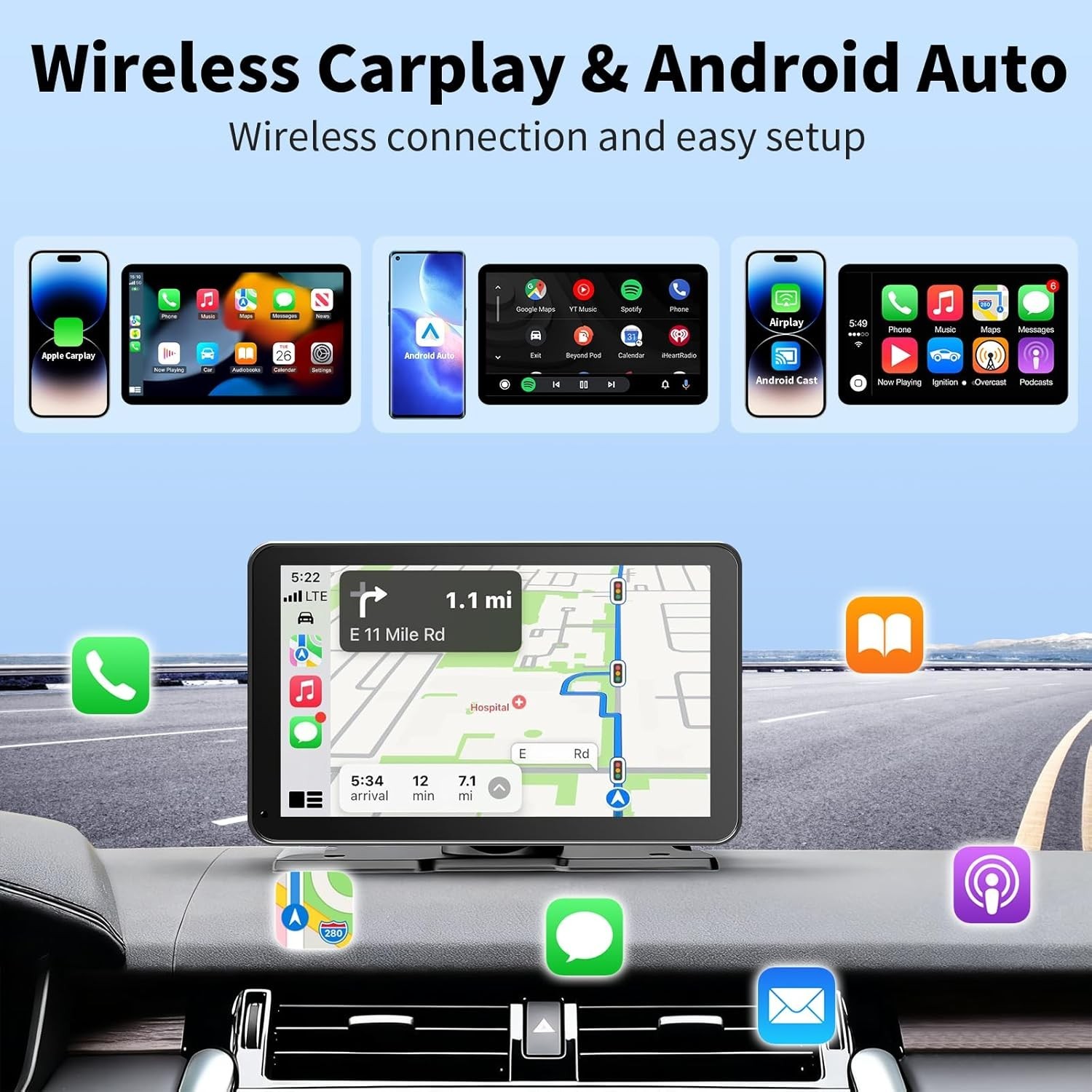 Wireless 9-Inch HD CarPlay Screen with Voice Control & Mirror Link Functionality