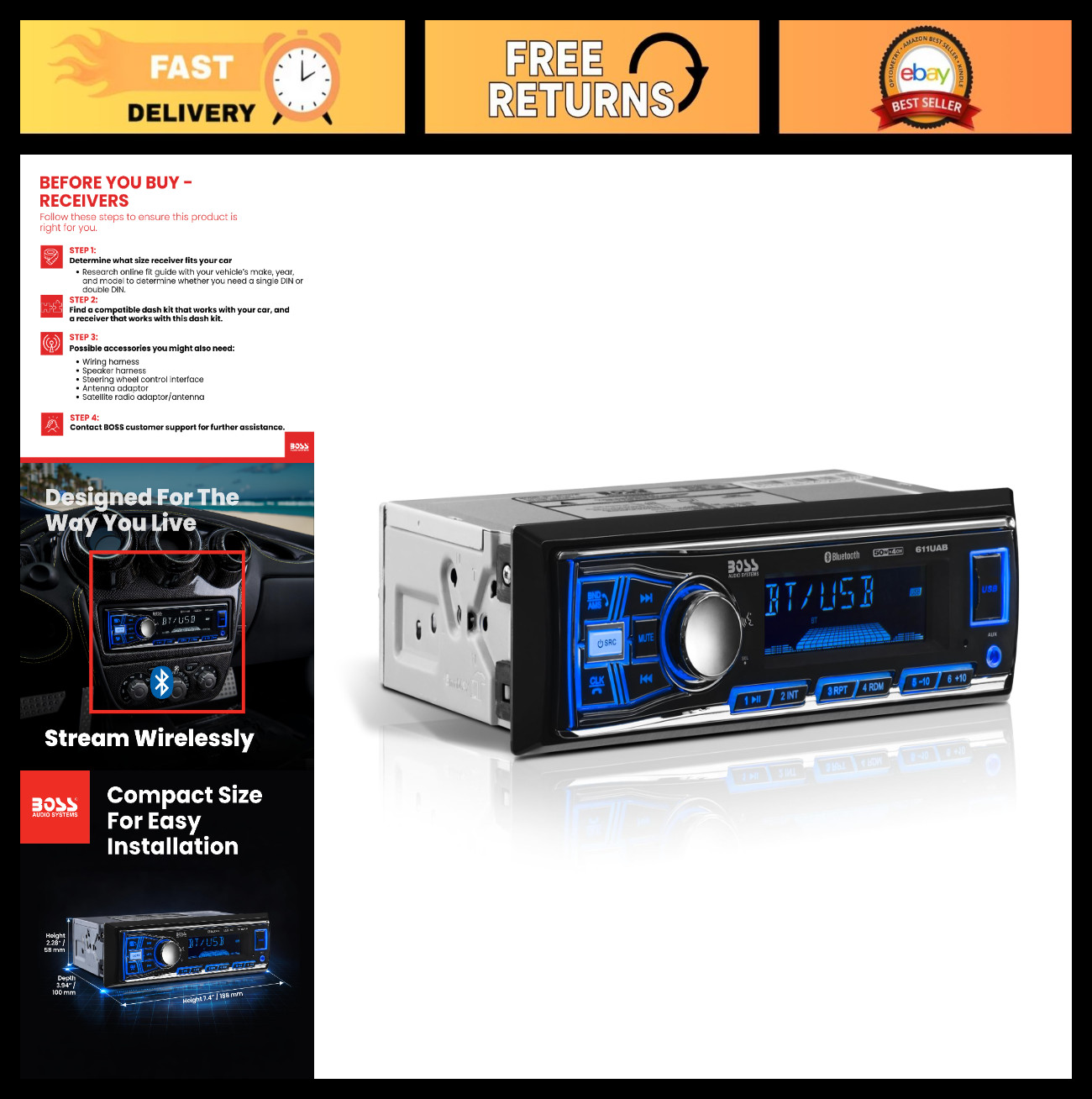 Single Din Car Stereo Bluetooth, AM/FM Radio Receiver, USB & Aux Input, No CD/DV