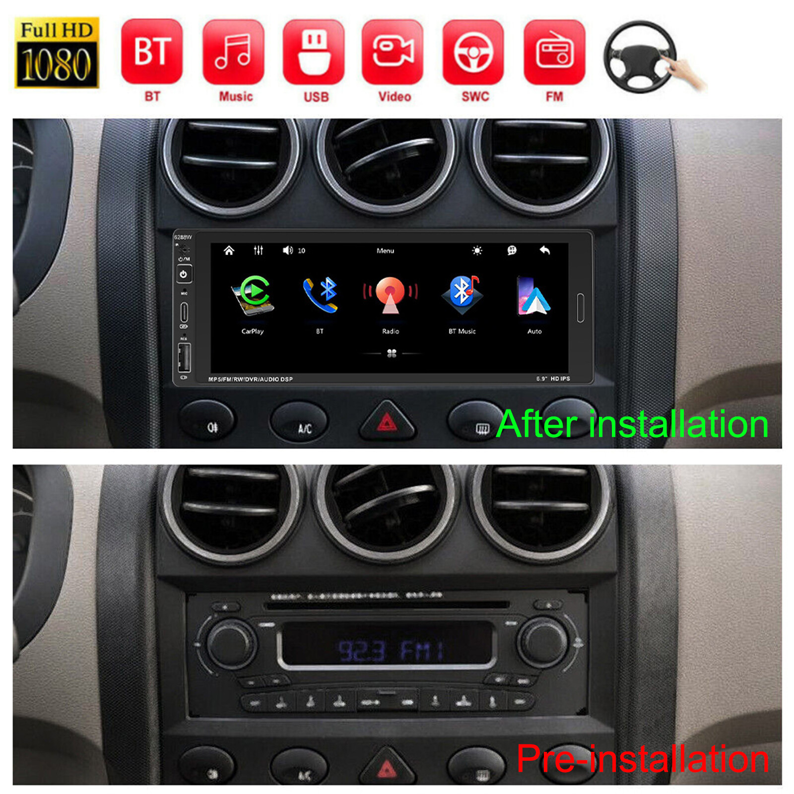 Single Din Car Stereo Wireless CarPlay 6.9 Touchscreen Bluetooth Radio USB