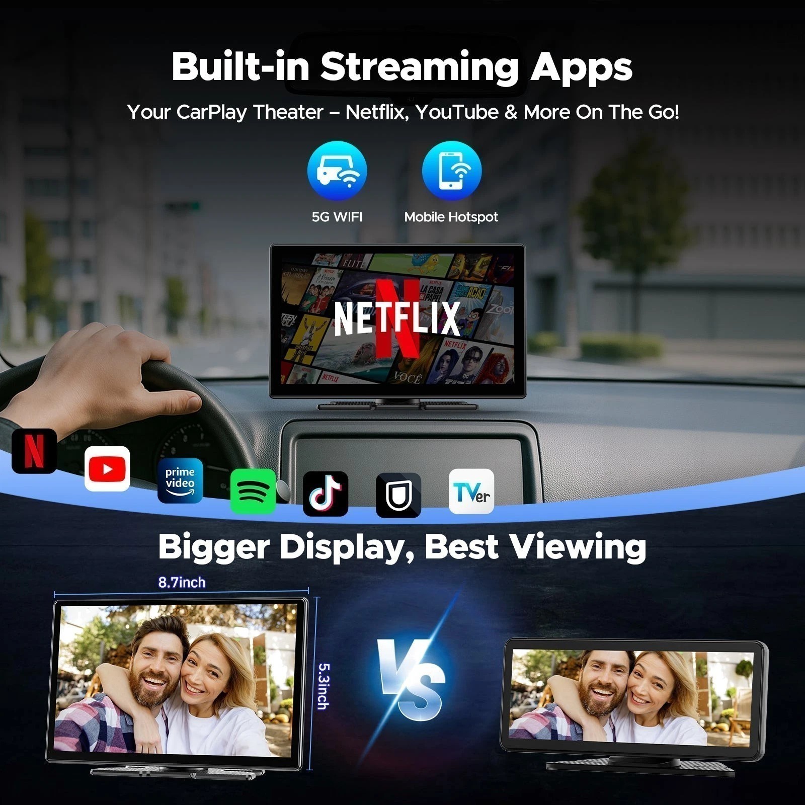 3 in 1 9″ Wireless Carplay Scree AI Video BOX w/Apps Youtube Netflix+Reverse Cam