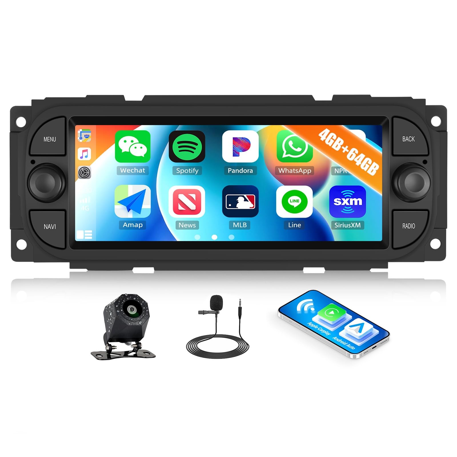 6.8″ Touchscreen Wireless Carplay Android Auto Stereo for Ram, Wrangler, Liberty