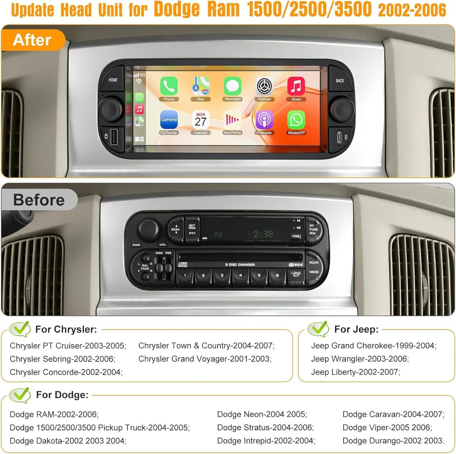 6.8″ QLED Touch Screen Car Radio for Dodge RAM 2002 2003 2004 2005 2006, for …
