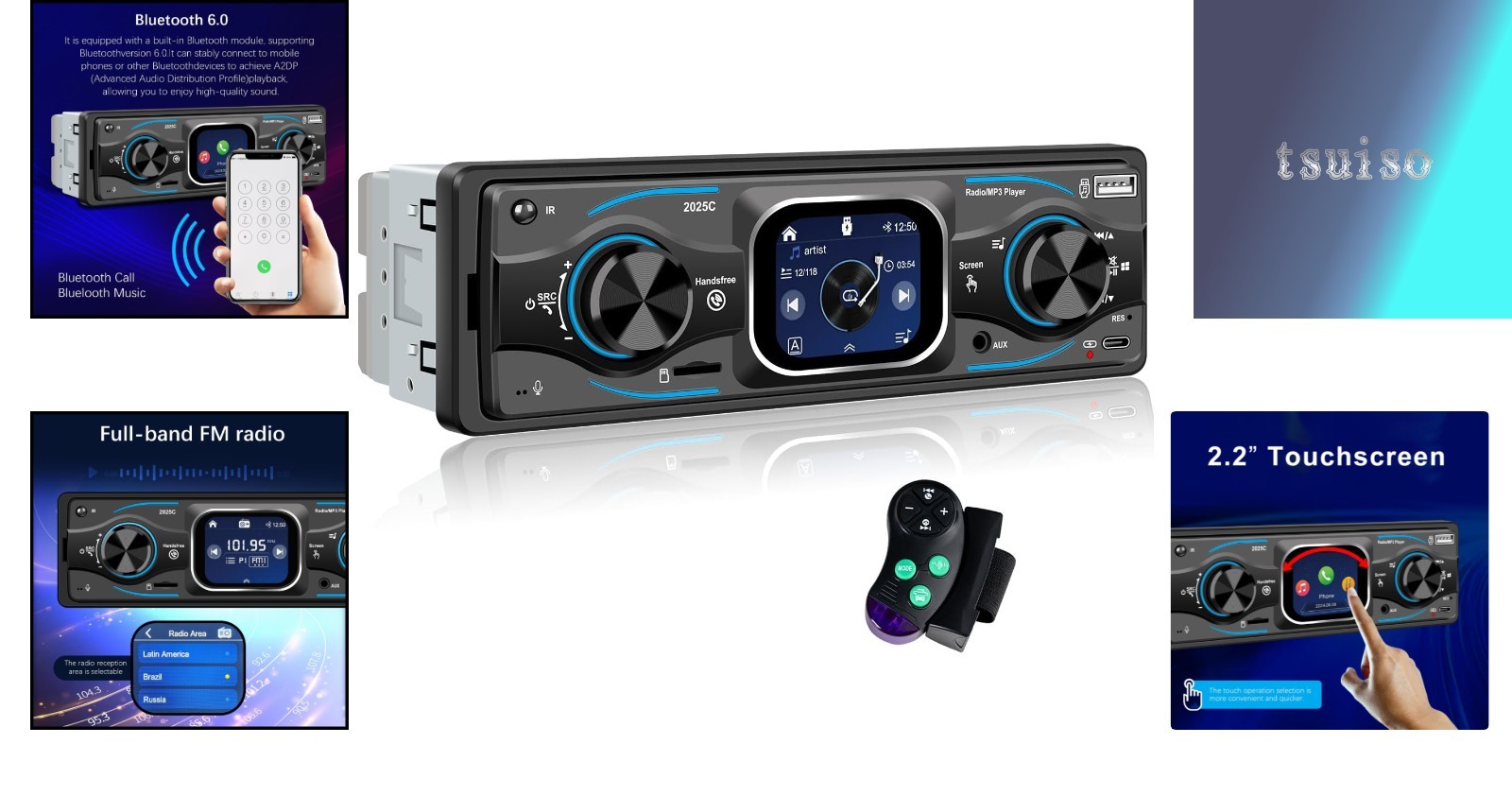 Compact Single Din Car Radio: 2.2″ Touchscreen, Bluetooth & 7 Color Backlight
