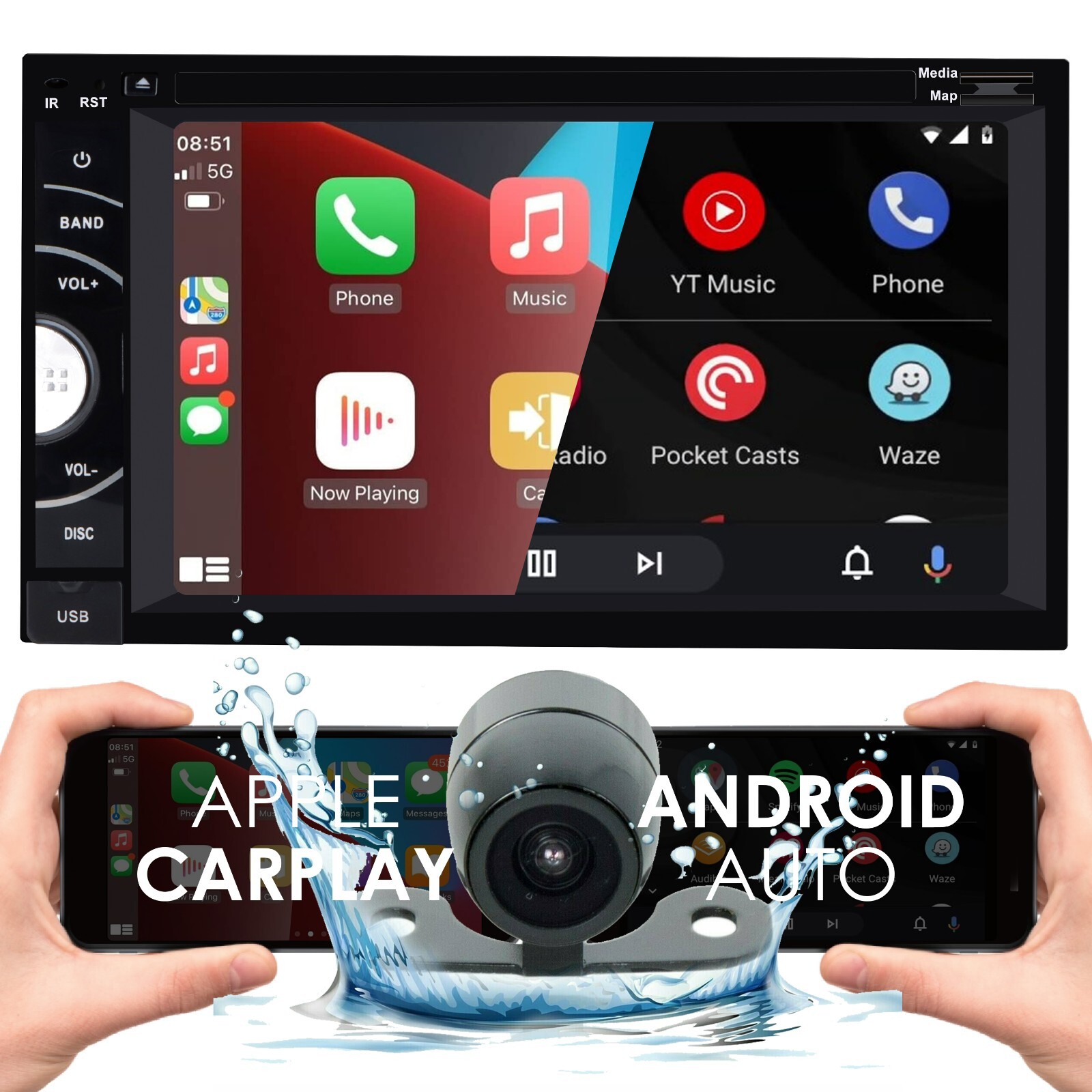 DVD Car Stereo Receiver Work w/ Bluetooth, Apple CarPlay, Android Auto, CAM PK5