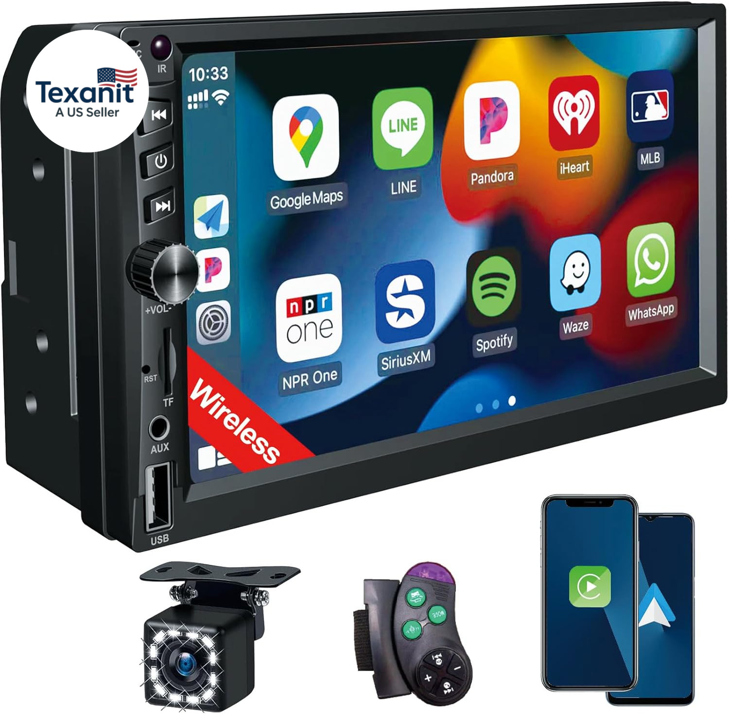 Wireless Double Din Car Stereo Works with Apple Carplay,7 Inch HD 1024 * 600 Tou