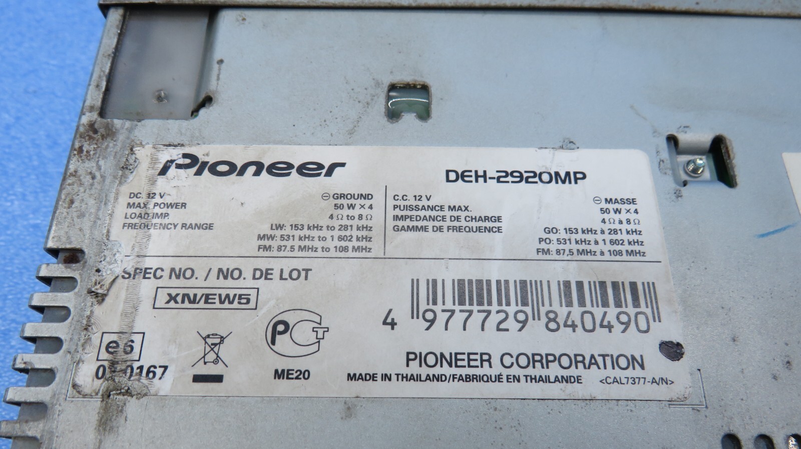 Pioneer Car Radio MP3 CD Unit Faceplate Head 50W x 4 DEH-2920MP