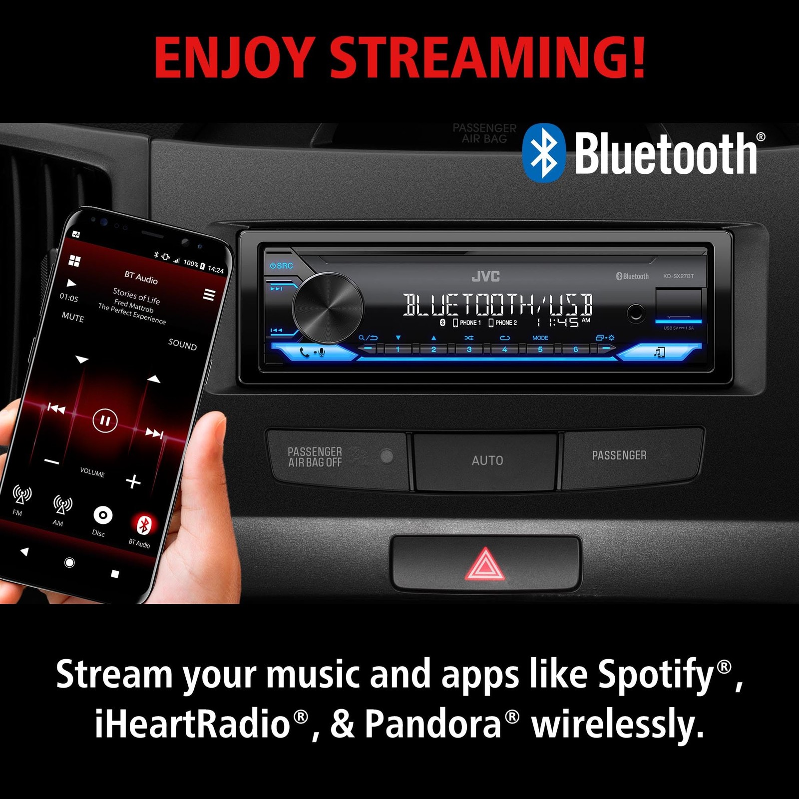 JVC KD-SX27BT Car Stereo with Bluetooth, 100W Digital Media Receiver, 1.5A…