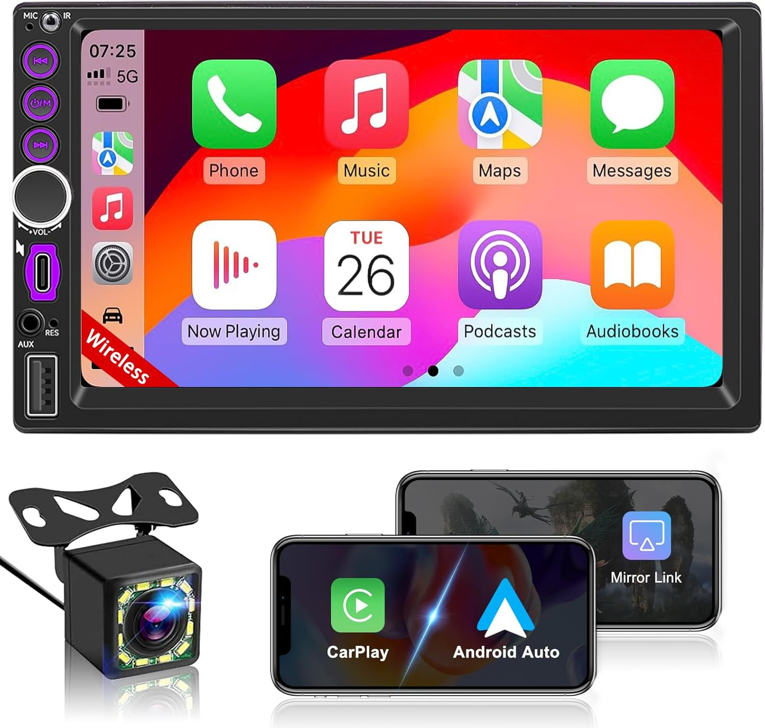 7” Wireless Double Din Car Stereo Carplay Radio Screen for Car Audio Receivers,