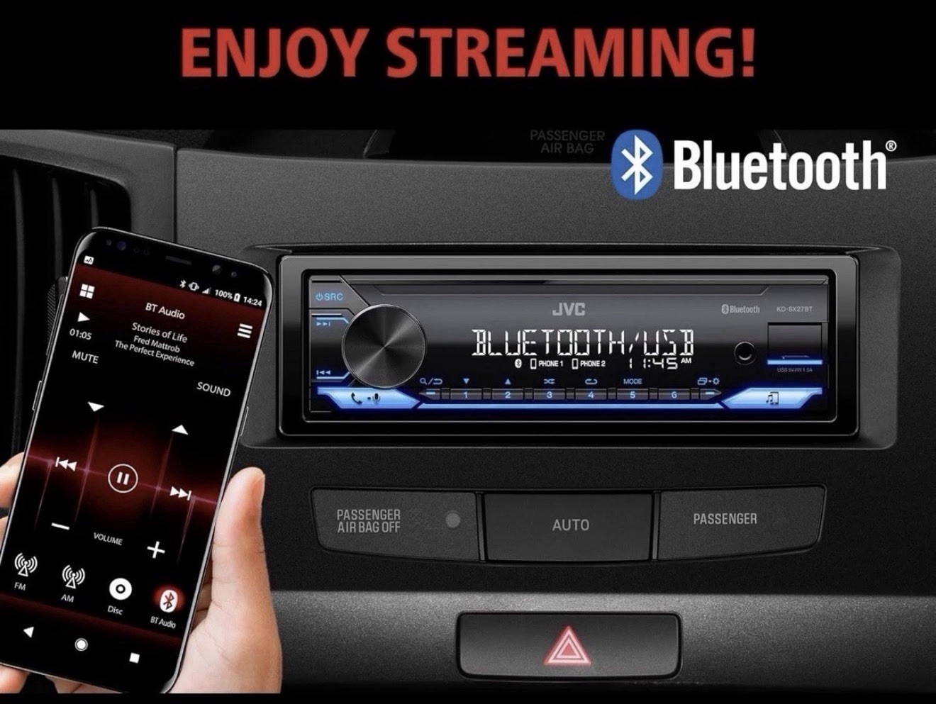 JVC KD-SX27BT Bluetooth Car Stereo 100W AM/FM Aux USB 1.5A Single DIN Head Unit