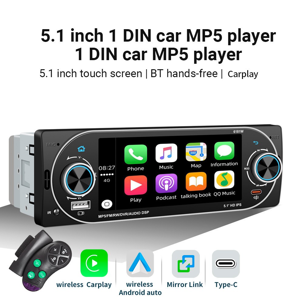 5.1 In 1DIN Multimedia Player Car Radio Touch Srceen FM/RDS USB BT Hands Free
