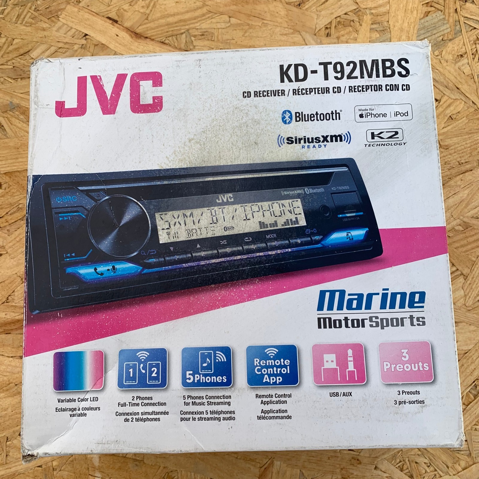 NEW JVC KD-T92MBS Single DIN Marine USB AUX Stereo Bluetooth SiriusXM CD Receive