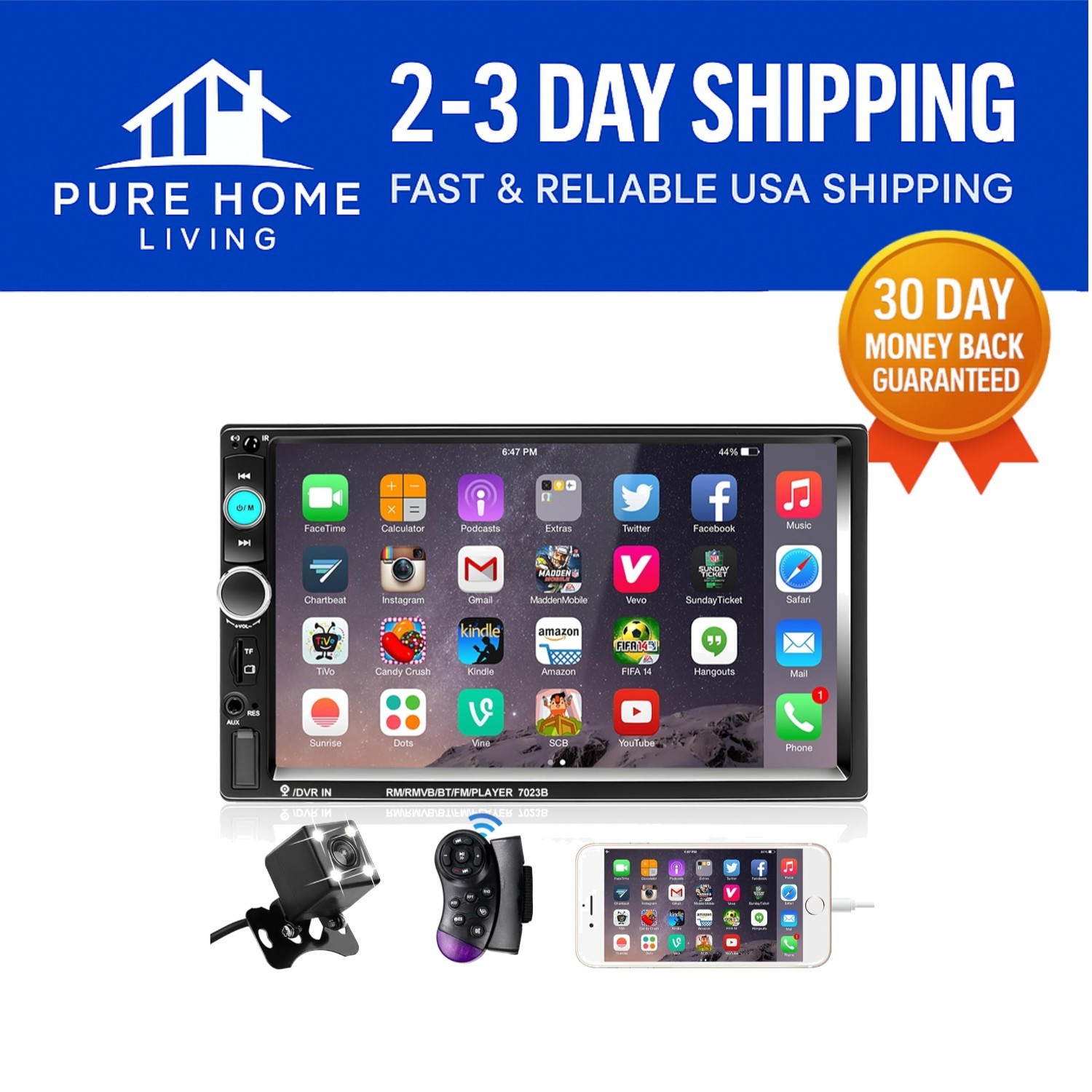 Advanced Double Din Stereo with 7” Touchscreen, Backup Camera & Music Playback