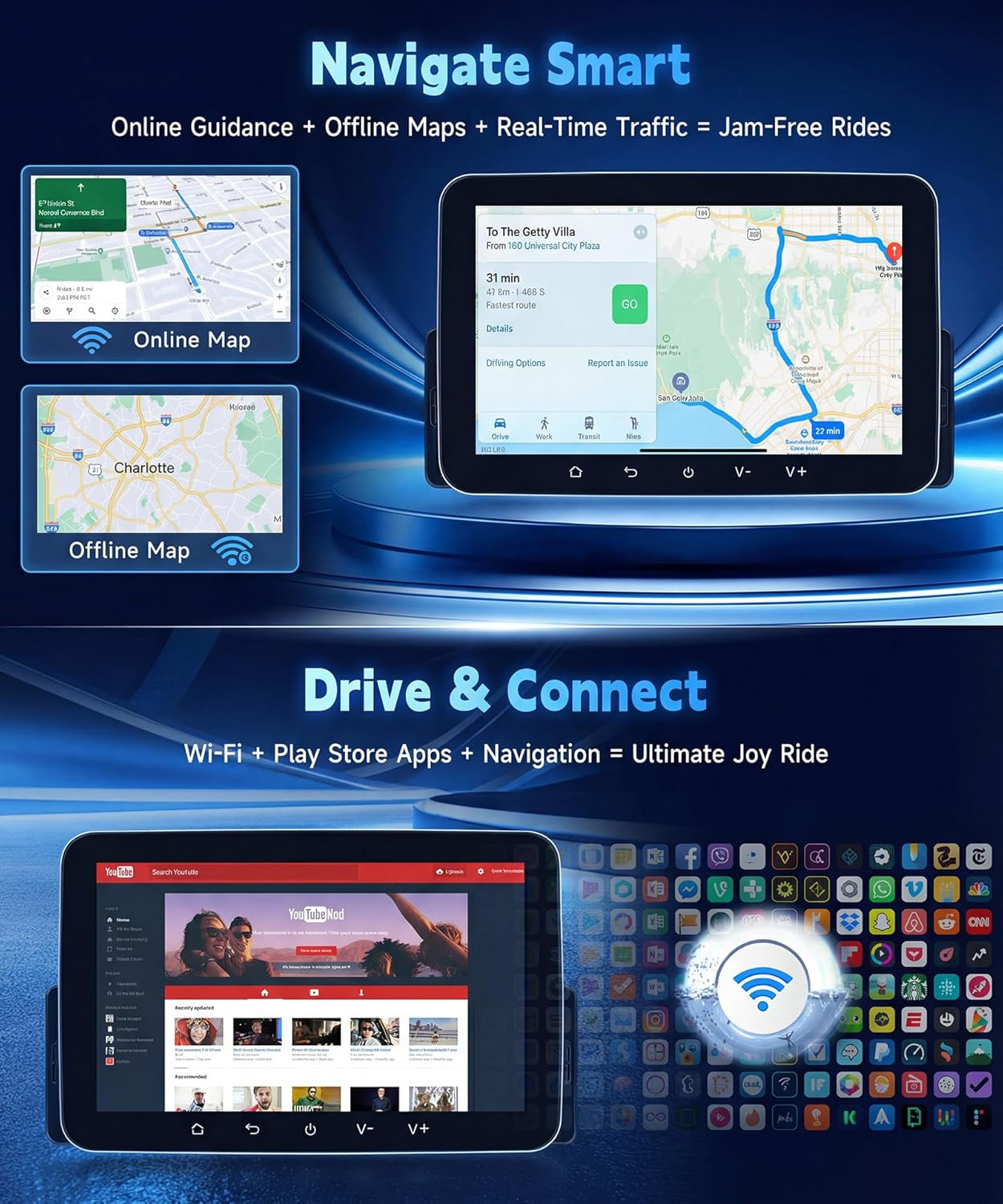 4G+64G Android Single Din Car Radio Stereo with Wireless Carplay & Android Auto