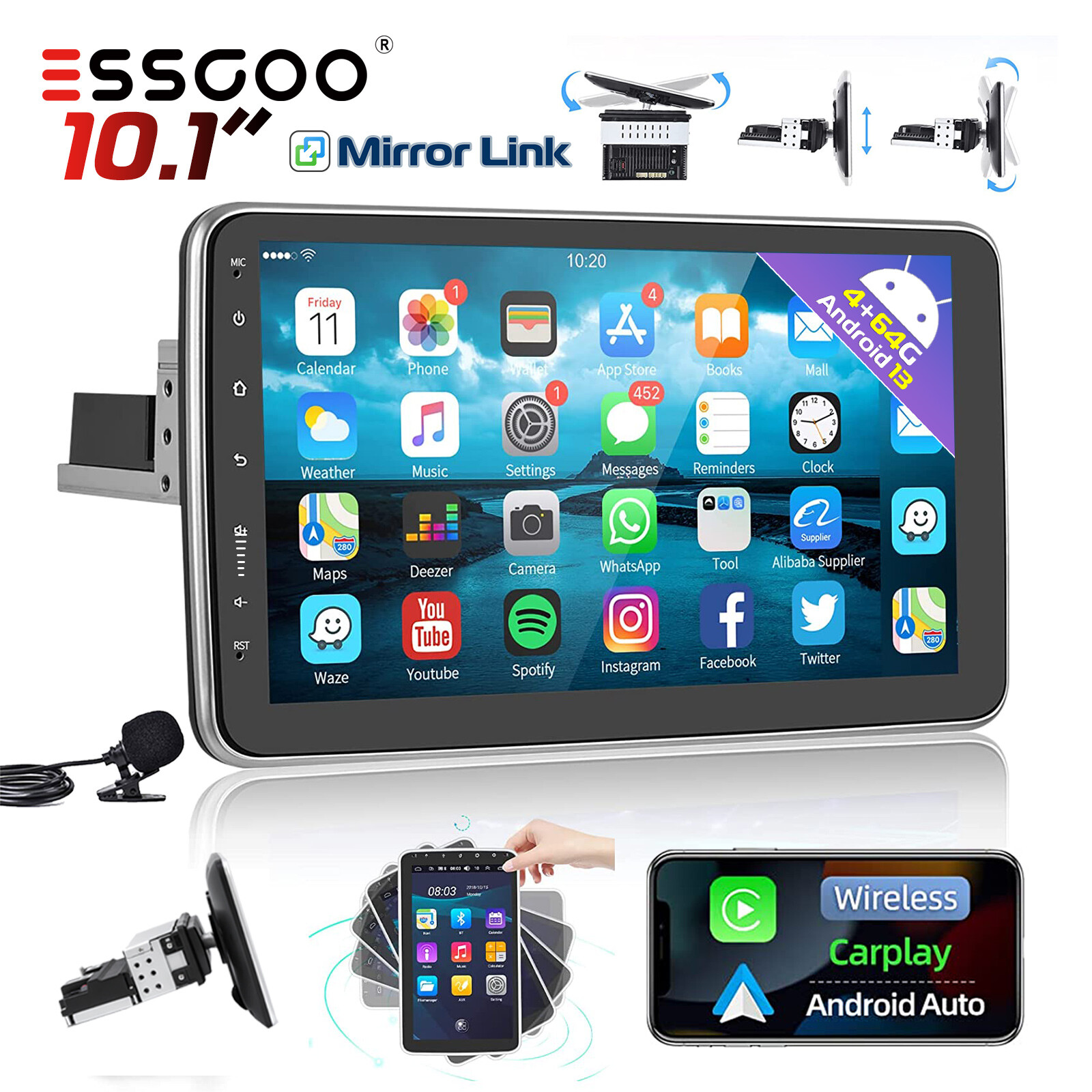 Single DIN 10″ Carplay Car Stereo Radio Android 13 64G Rotatable Screen GPS NAV