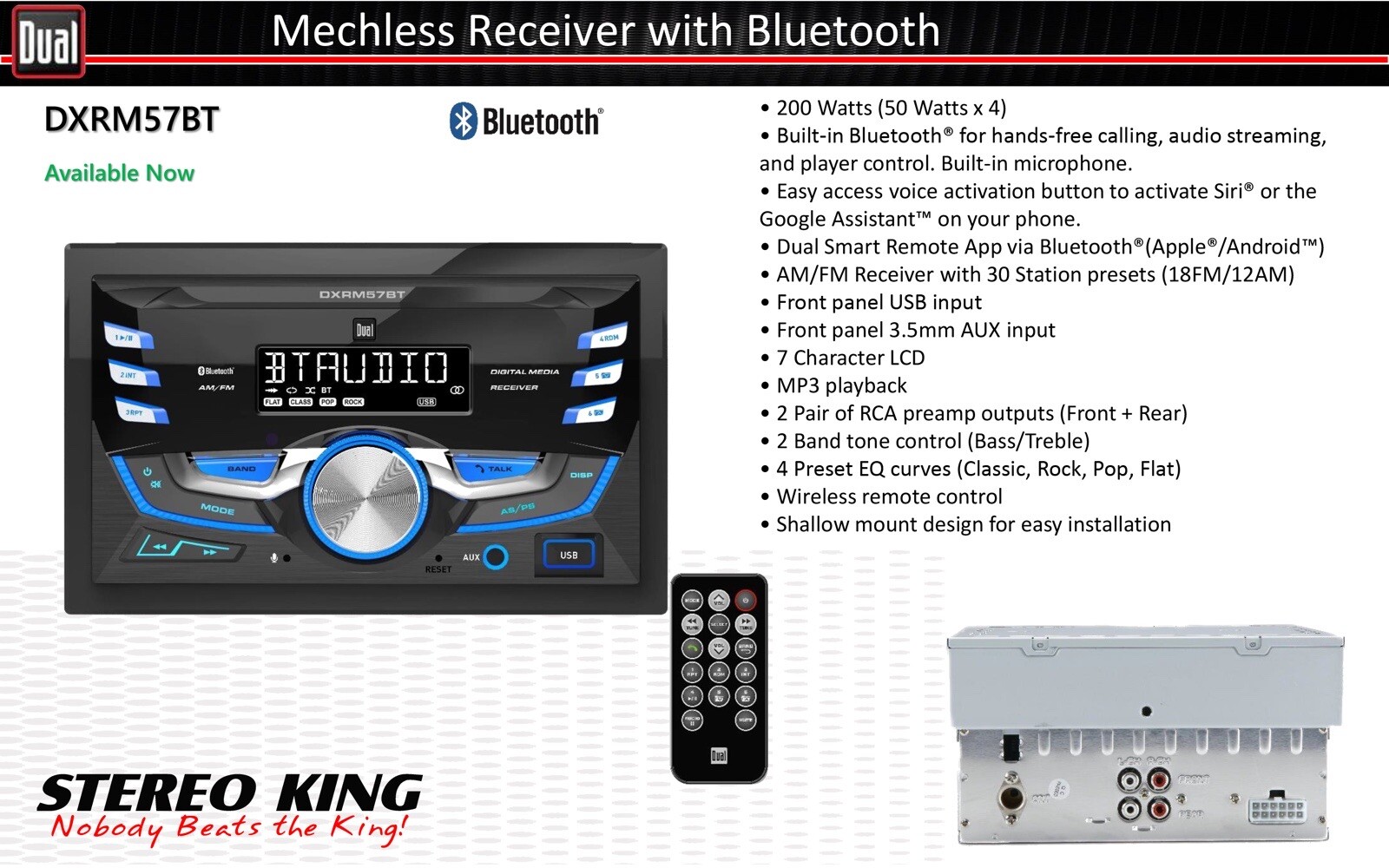 DUAL DXRM57BT Double Din Mechless Receiver Head Unit w/Bluetooth REFURBISHED