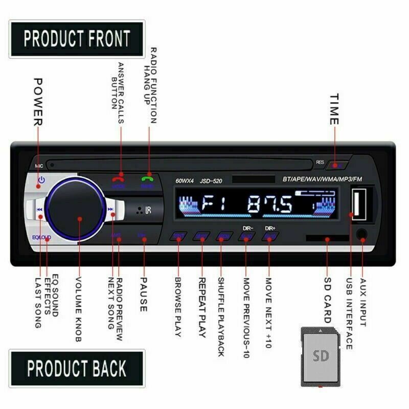 Bluetooth Car Stereo Audio In-Dash FM Aux Input Receiver SD USB MP3 Radio Player