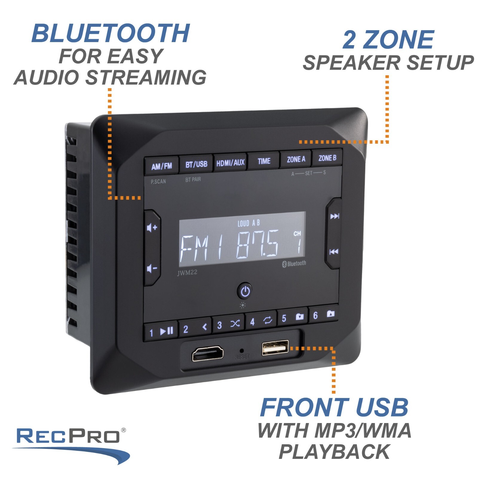 RecPro RV Stereo | AM/FM Radio | Front USB | HDMI Pass Through | Bluetooth