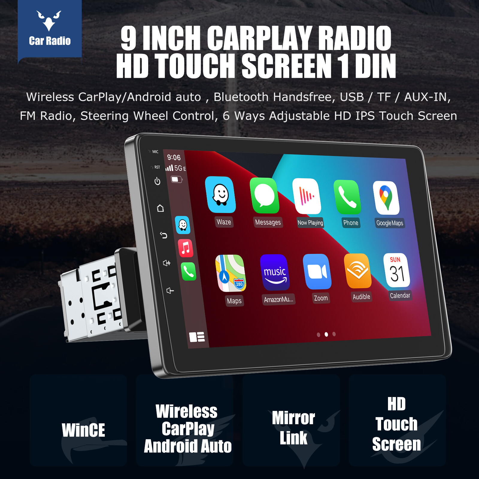 9 Inch Single 1DIN Car Stereo Apple Carplay Android Auto HD Radio Head Unit SWC