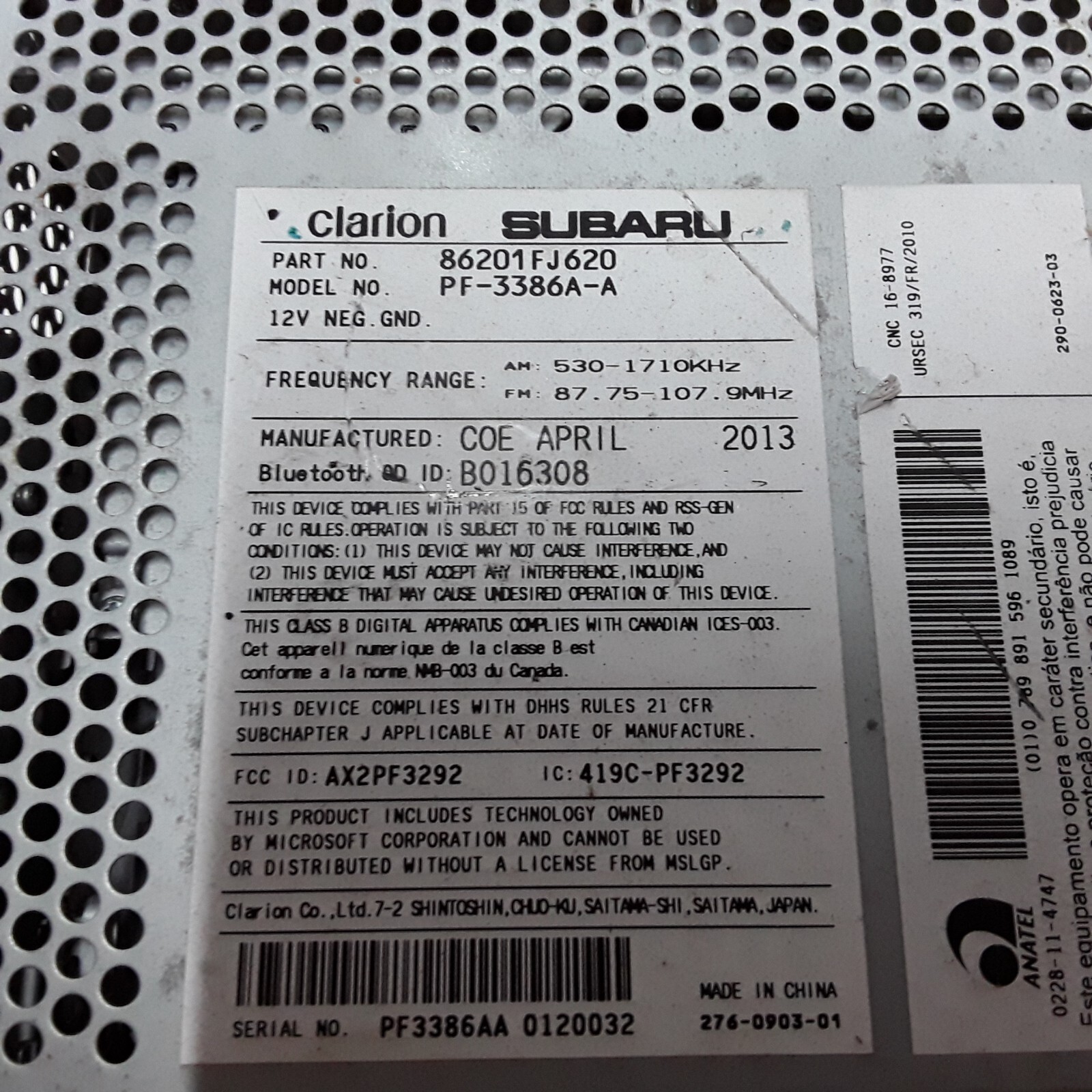 12 13 14 Subaru Impreza AM/FM CD radio receiver 2.0L 86201FJ620 CM621UB