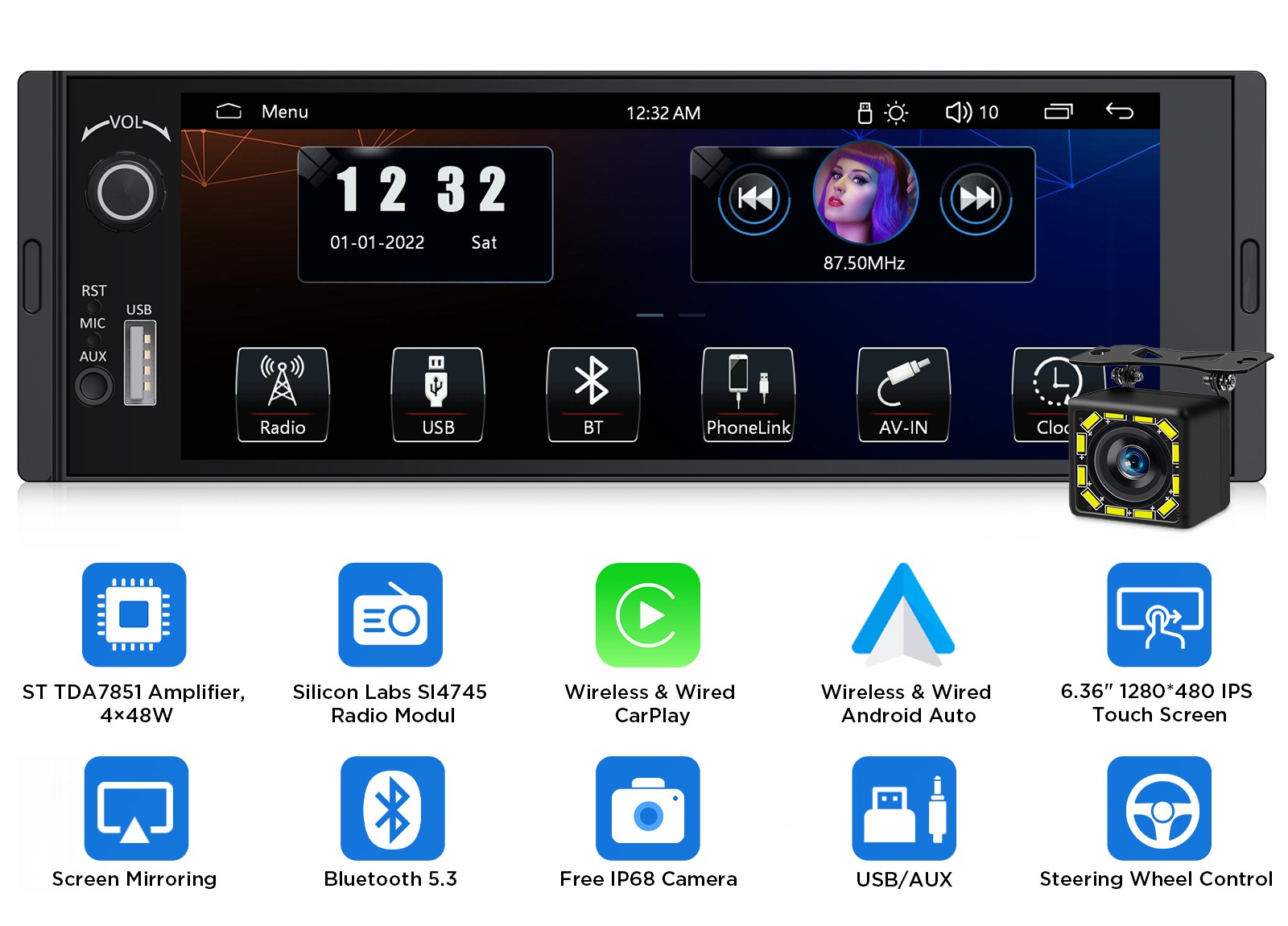 Eonon 6.36″ Single Din Car Stereo Wireless CarPlay Android Auto Radio Bluetooth