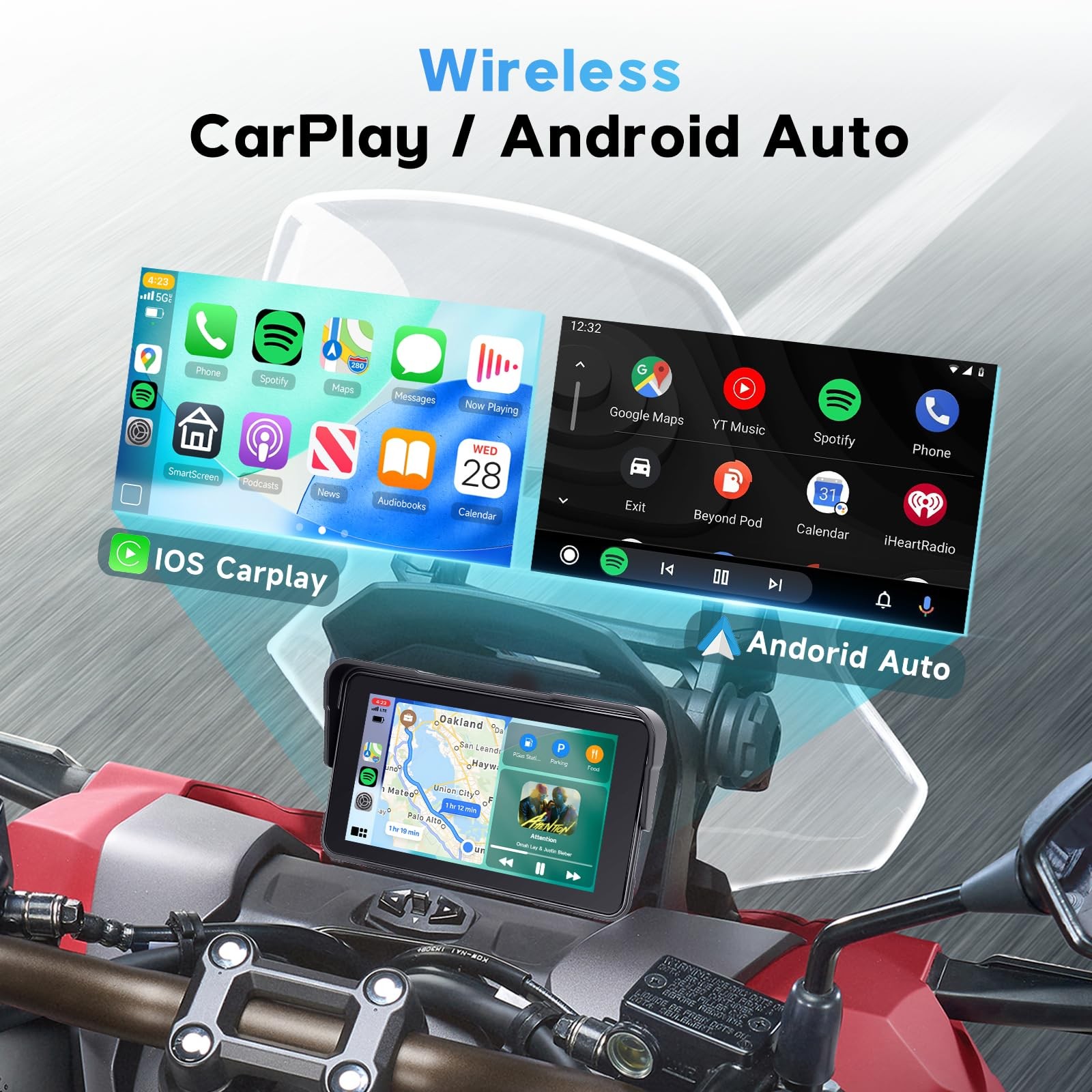 5-Inch Motorcycle CarPlay Screen Wireless Android Auto for Moto with GPS…