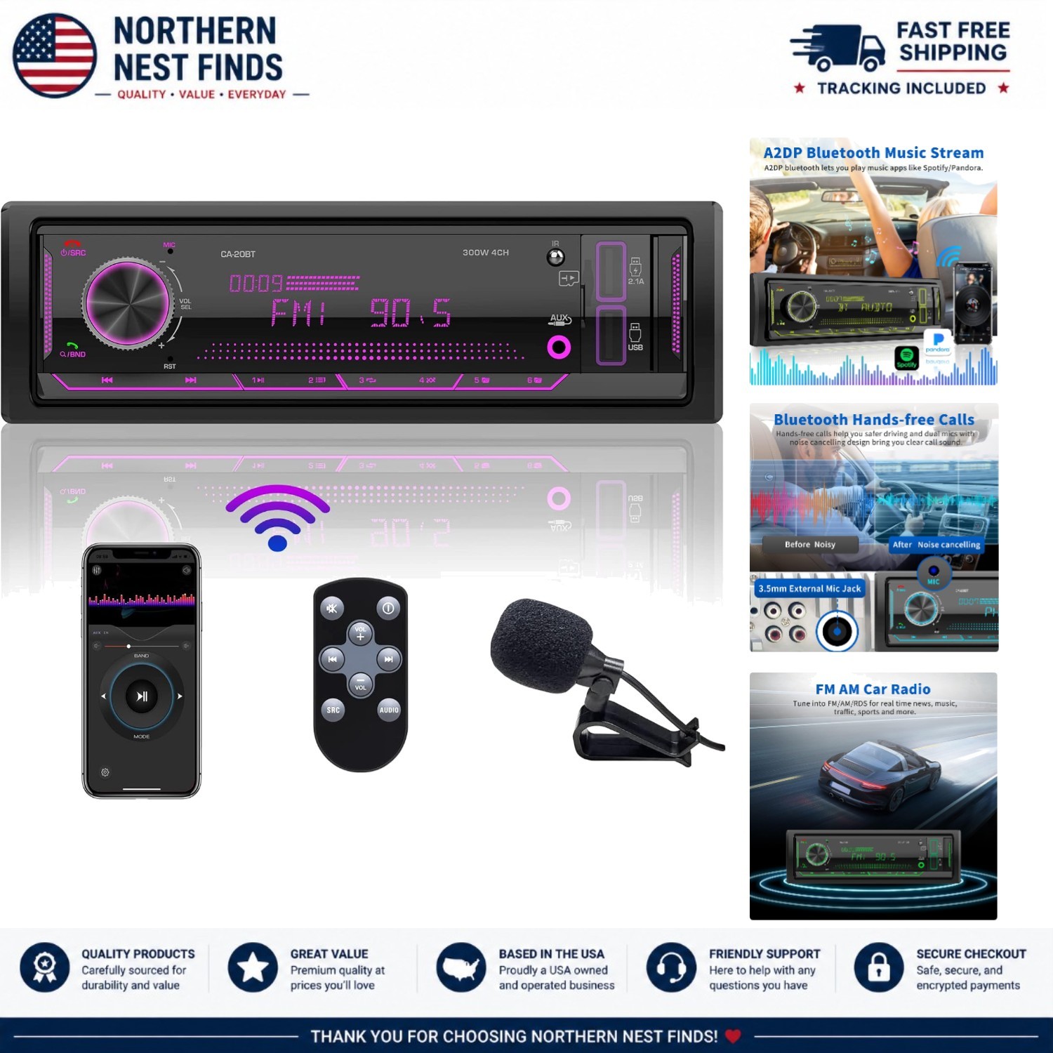 Single Din Car Stereo Receiver with Bluetooth and 300W Amplifier – Marine Audio