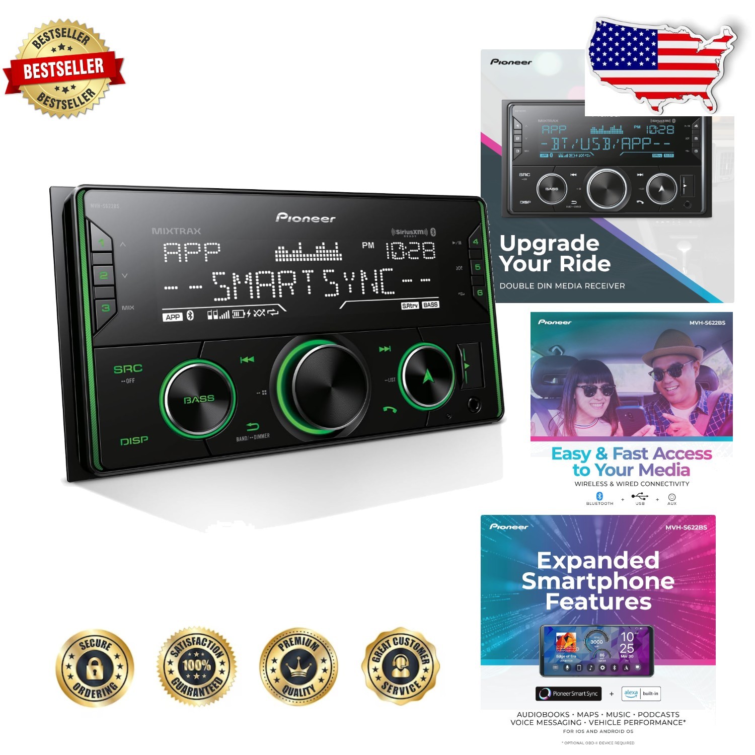 Double Din Car Stereo Bluetooth USB | Digital Media Receiver, SiriusXM, 50W x 4