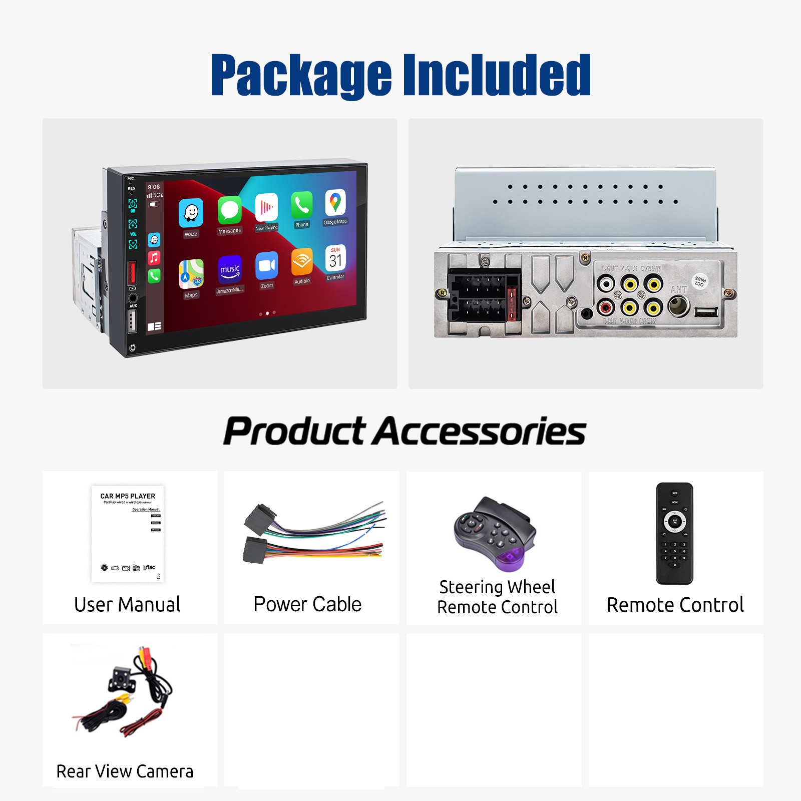 7 ” Single Din Car Stereo Android/Apple Carplay Radio Touch Screen Player+Camera