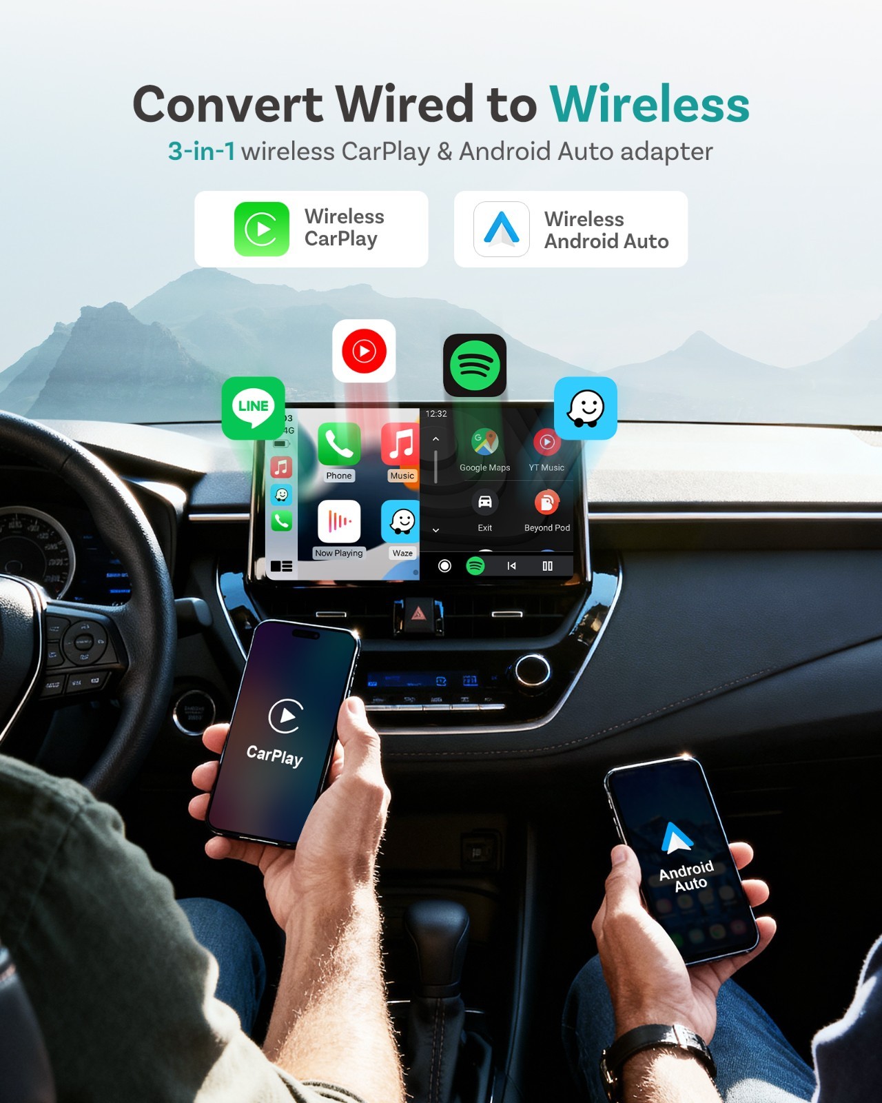 Wireless Android Auto CarPlay AI Box Android 12 Car Multimedia Streaming Device