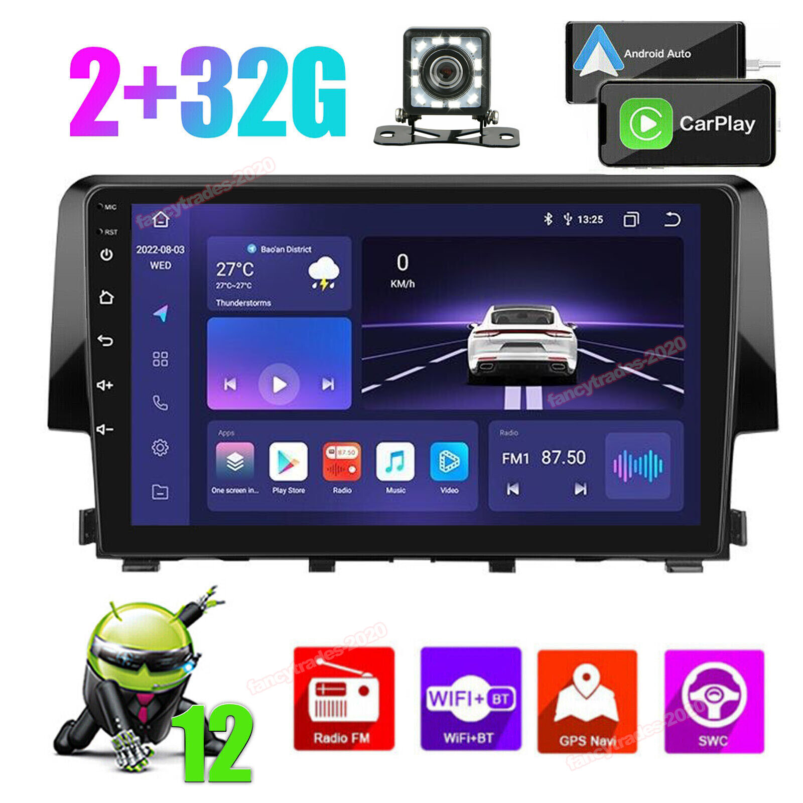 APPLE CARPLAY FOR 2016-2020 HONDA CIVIC ANDROID 12 CAR STEREO RADIO GPS 2+32GB