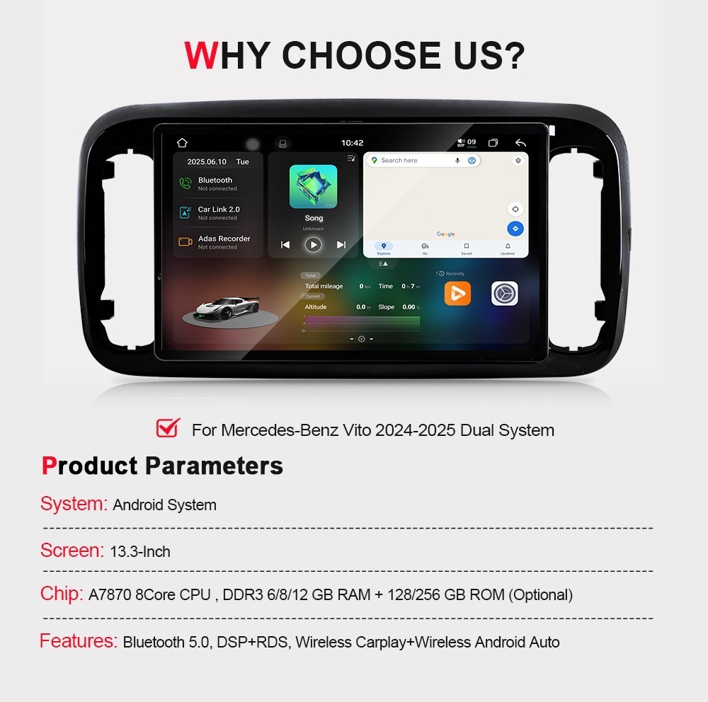 13.3″ 6G+128G Android 13 CarPlay Car Radio GPS For Mercedes Benz Vito Metris