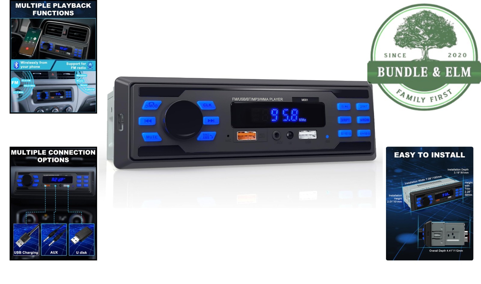 Car Stereo System with Push Button Control, USB Ports and Bluetooth Connectivity