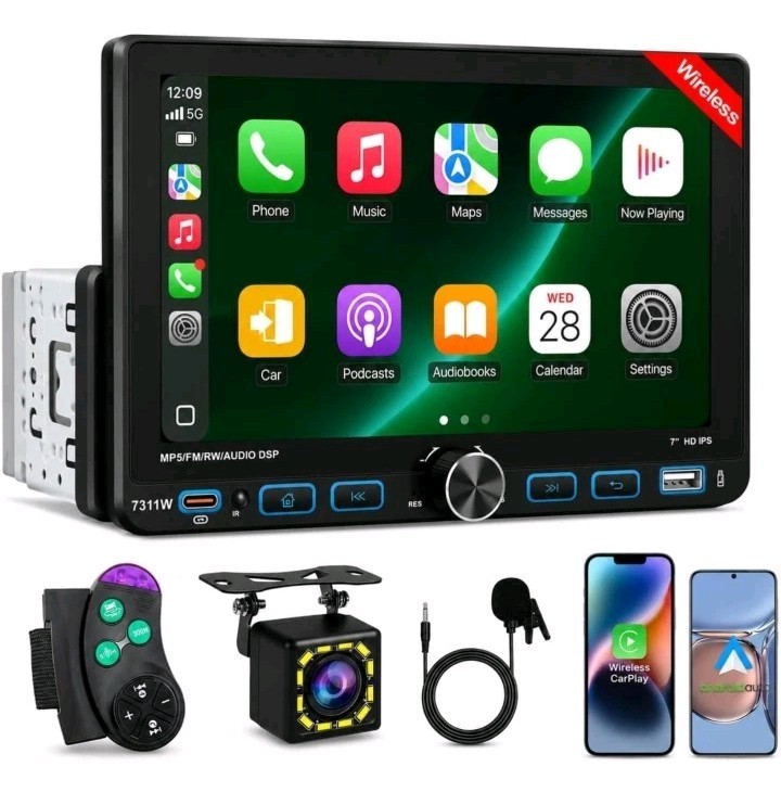 7″ Single 1Din Car Stereo Radio USB BT Wireless Android auto Carplay BT + Camera