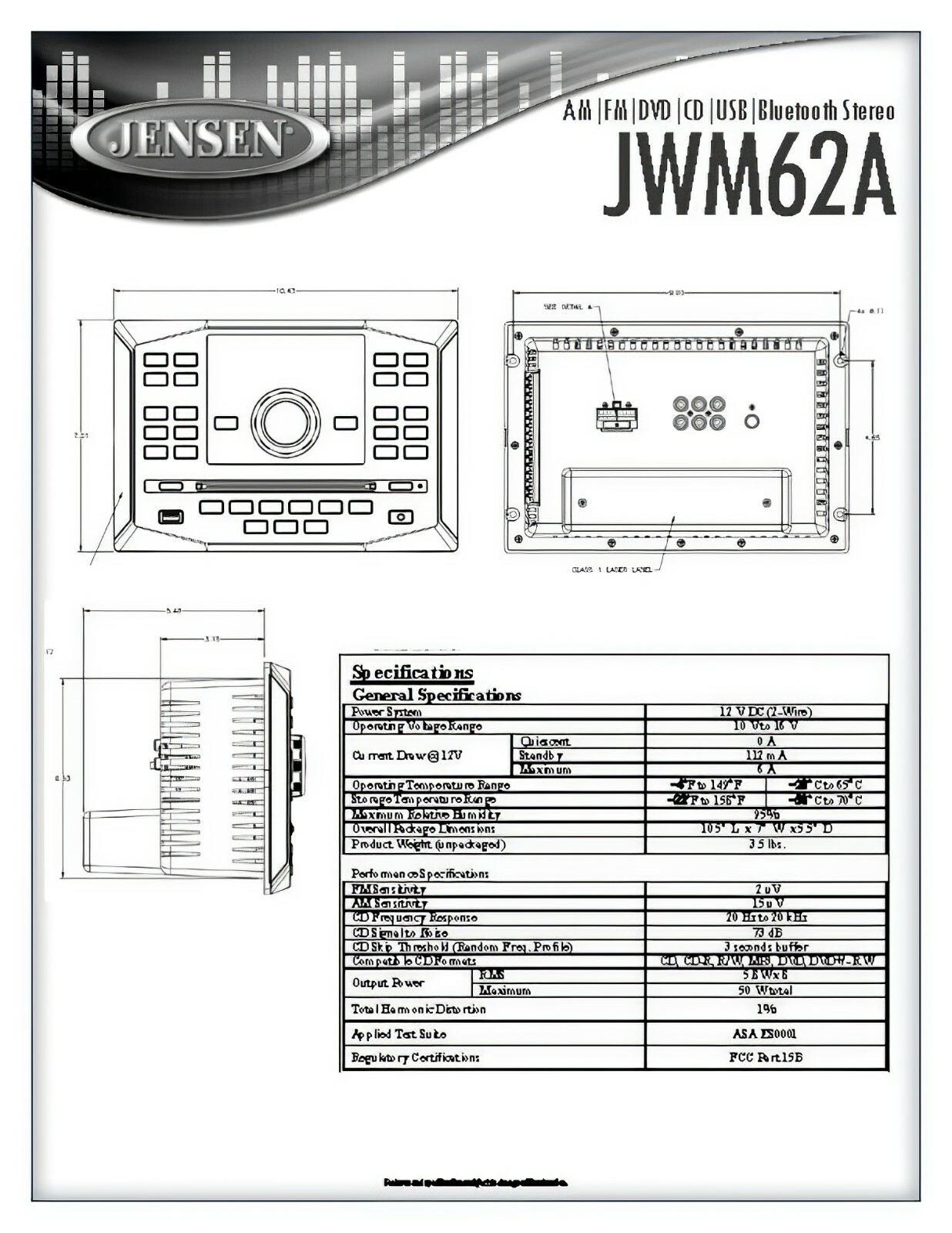 Jensen JWM62A Wallmount Bluetooth RV Stereo with App Control, DVD|CD|USB|AUX|RCA